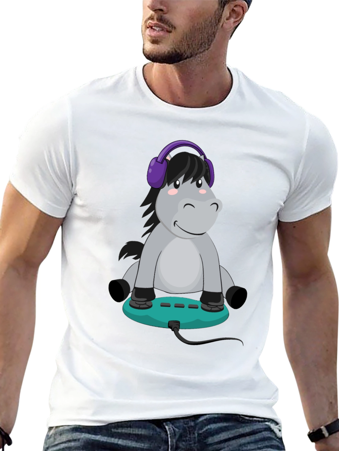 Cartoon Donkey Headphone Gamer Black T-Shirt