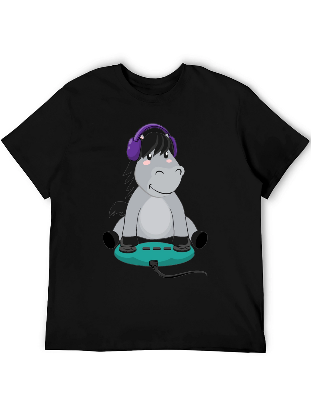 Cartoon Donkey Headphone Gamer Black T-Shirt