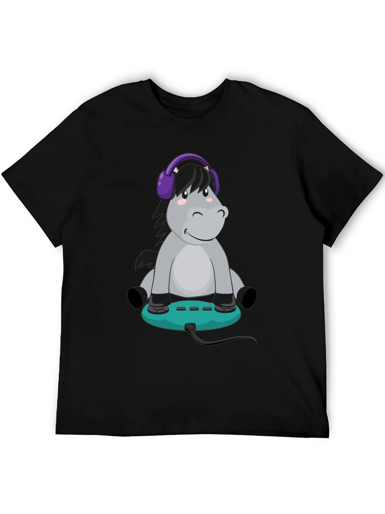 Cartoon Donkey Headphone Gamer Black T-Shirt