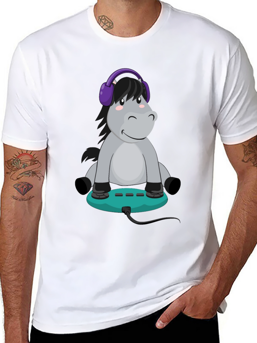 Cartoon Donkey Headphone Gamer Black T-Shirt