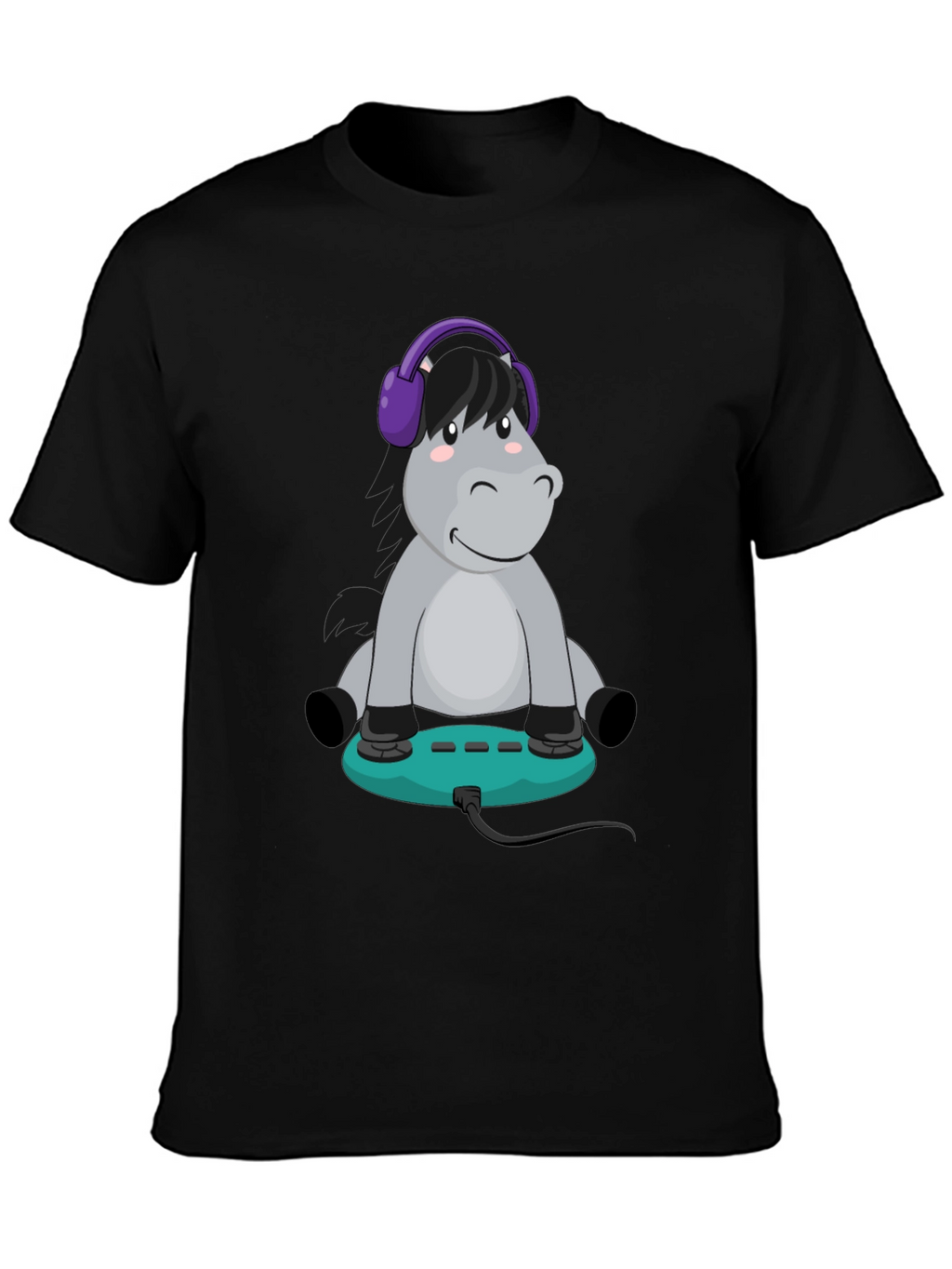 Cartoon Donkey Headphone Gamer Black T-Shirt