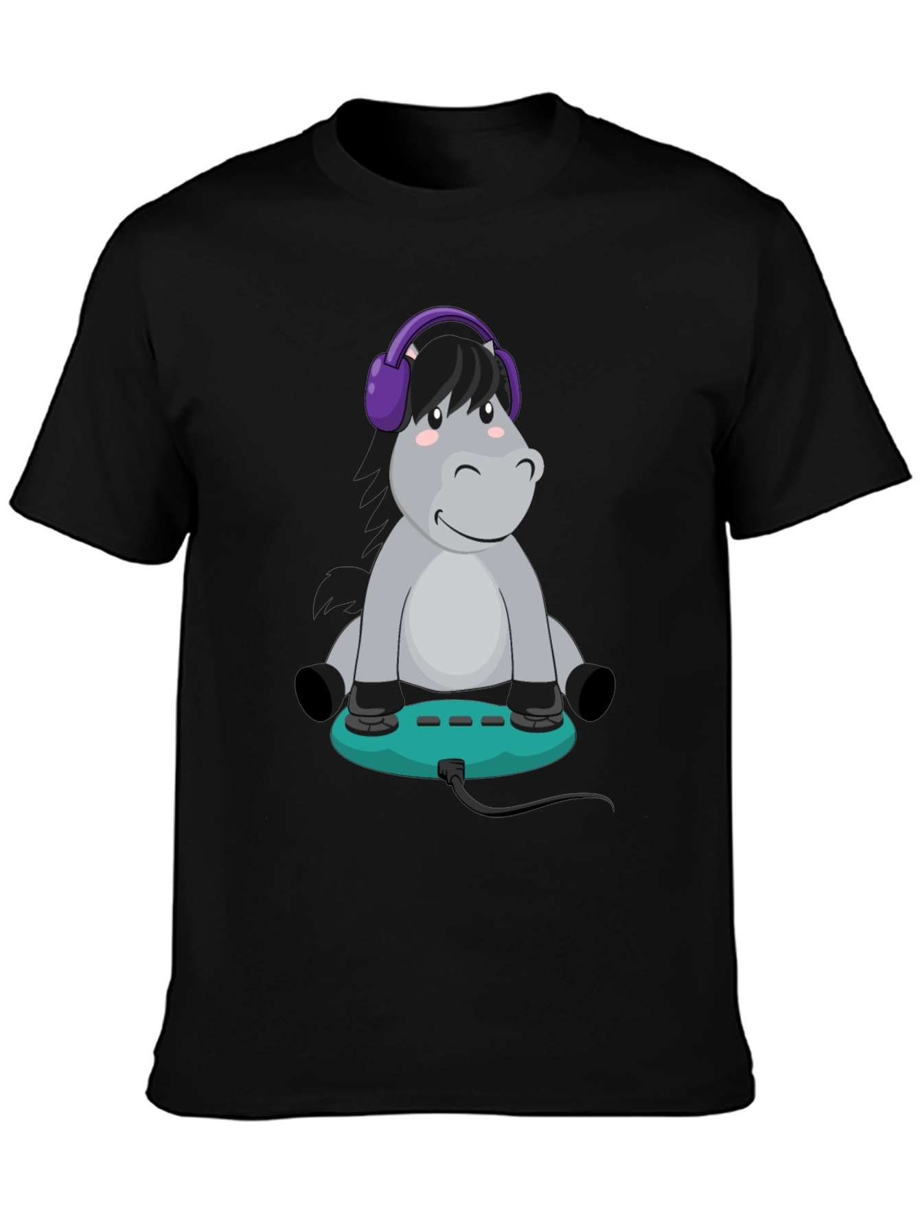 Cartoon Donkey Headphone Gamer Black T-Shirt