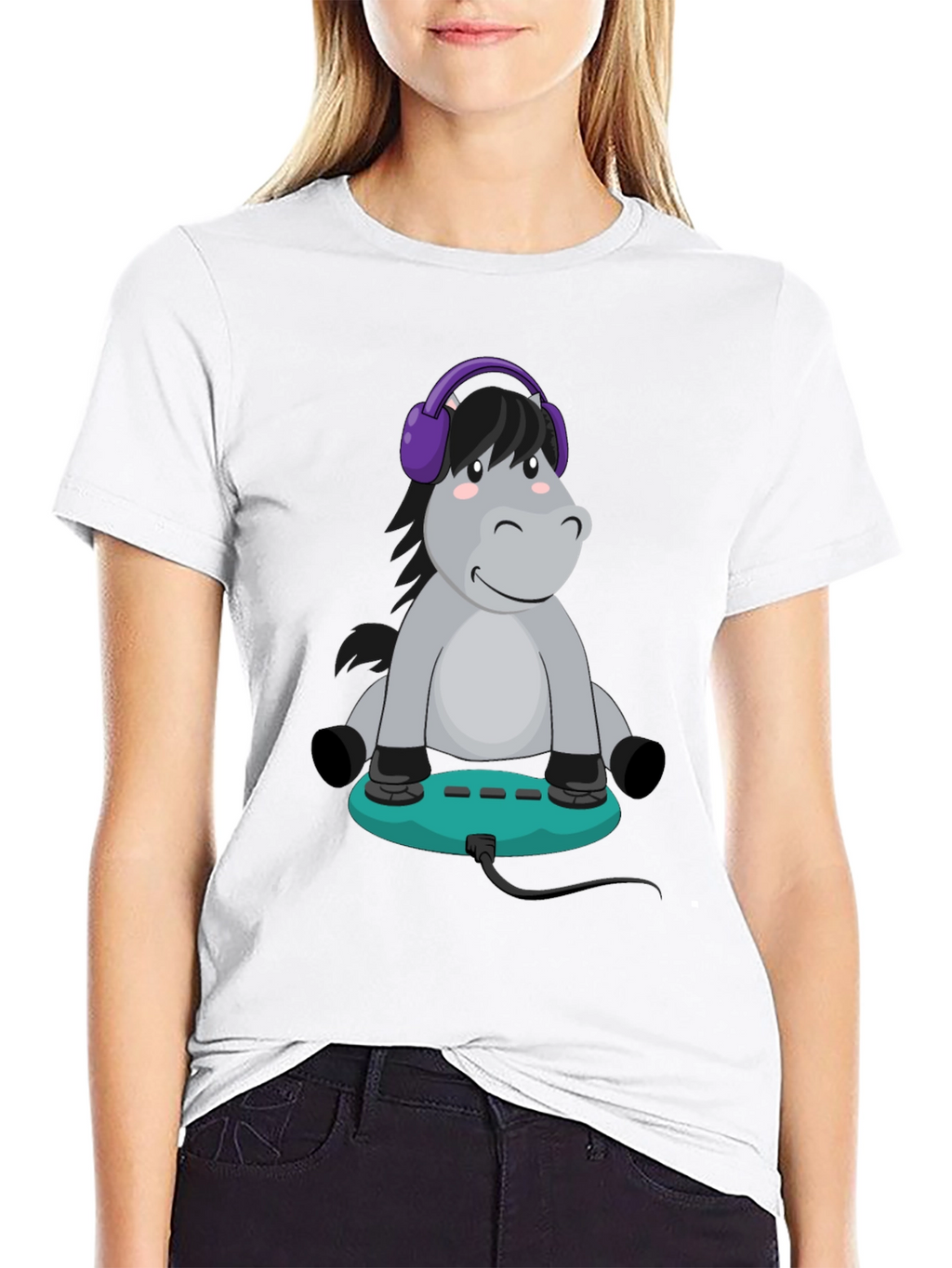 Cartoon Donkey Headphone Gamer Black T-Shirt