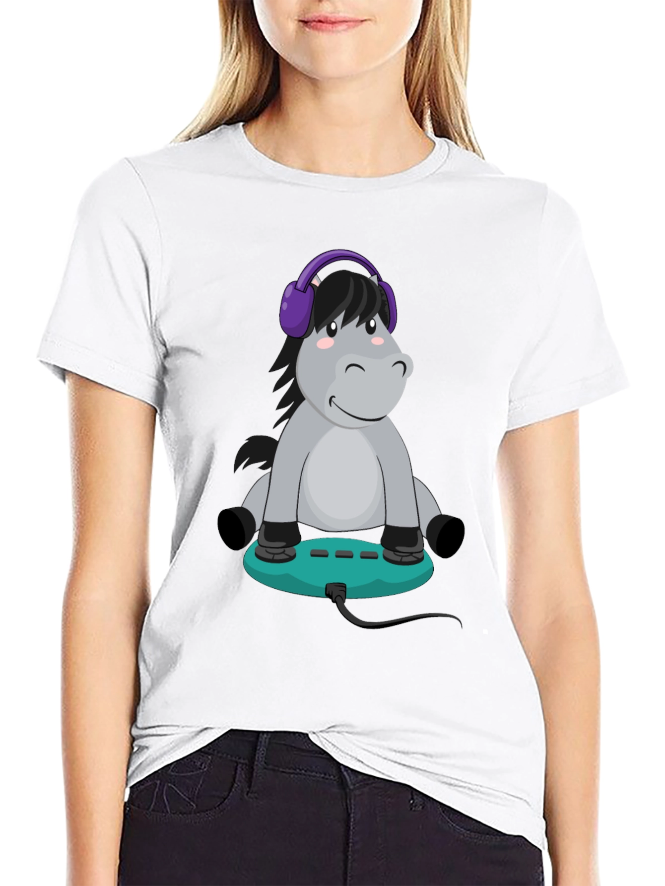 Cartoon Donkey Headphone Gamer Black T-Shirt