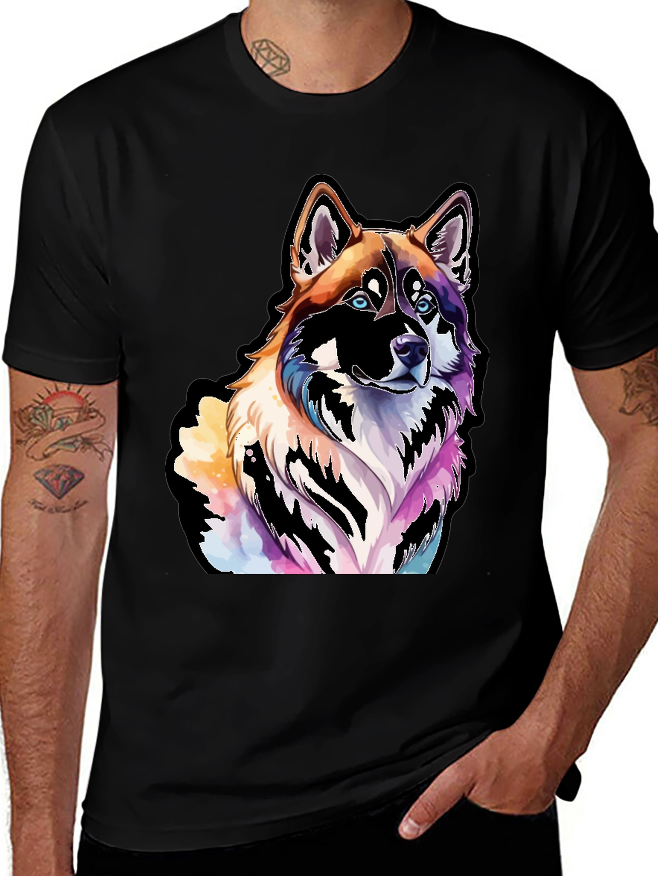 Colorful Dog Graphic Black T-Shirt