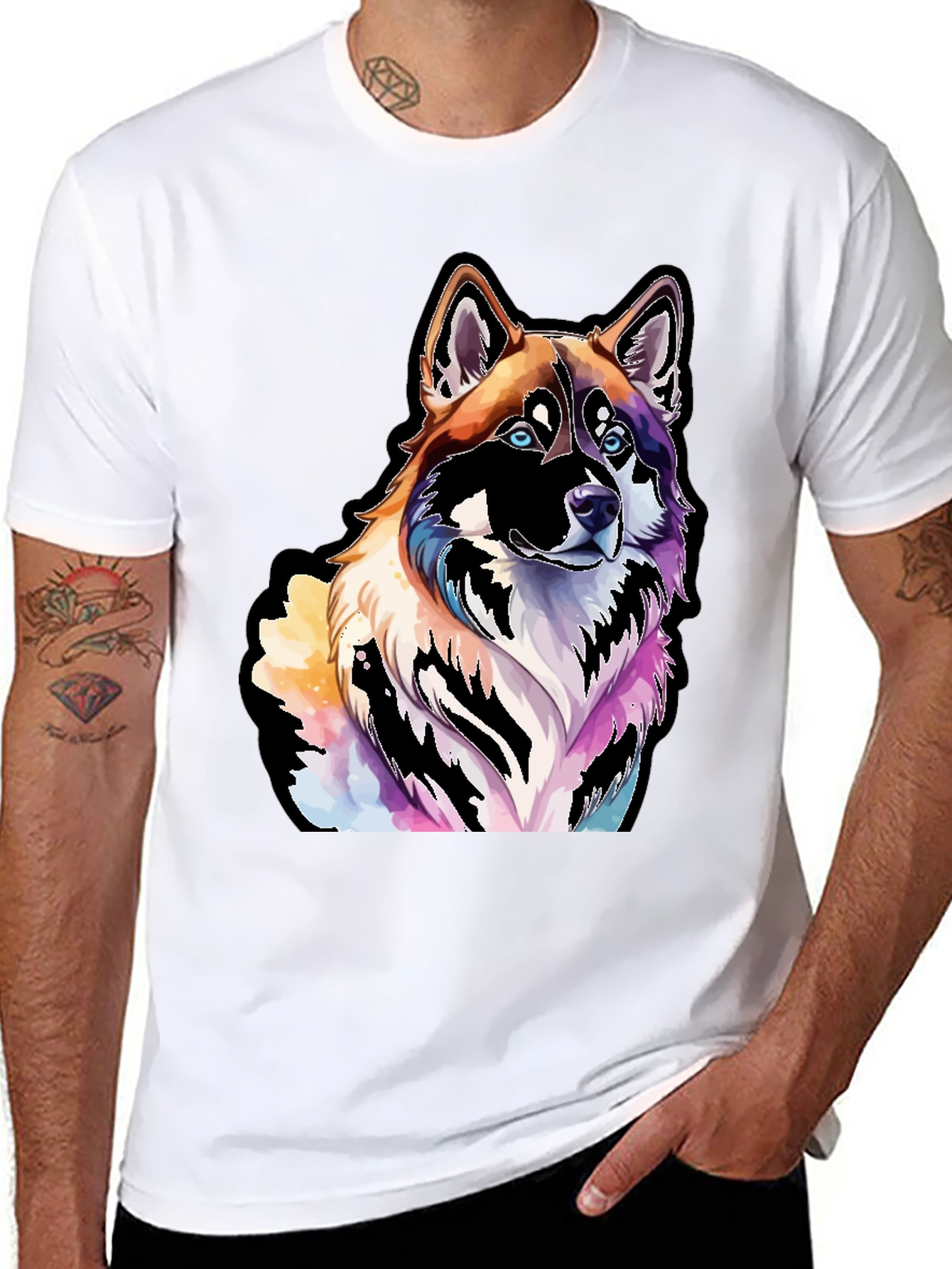 Colorful Dog Graphic Black T-Shirt