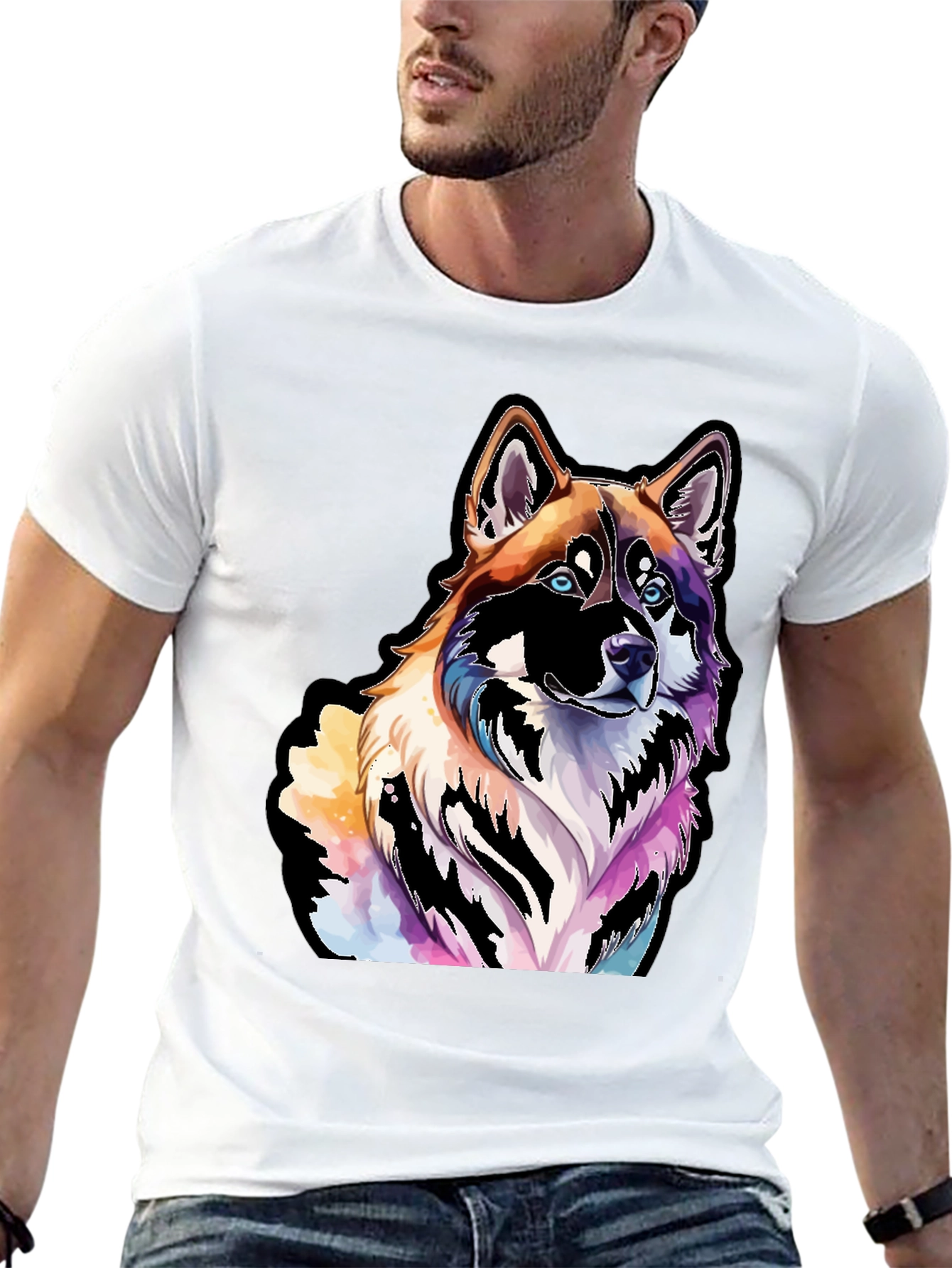 Colorful Dog Graphic Black T-Shirt