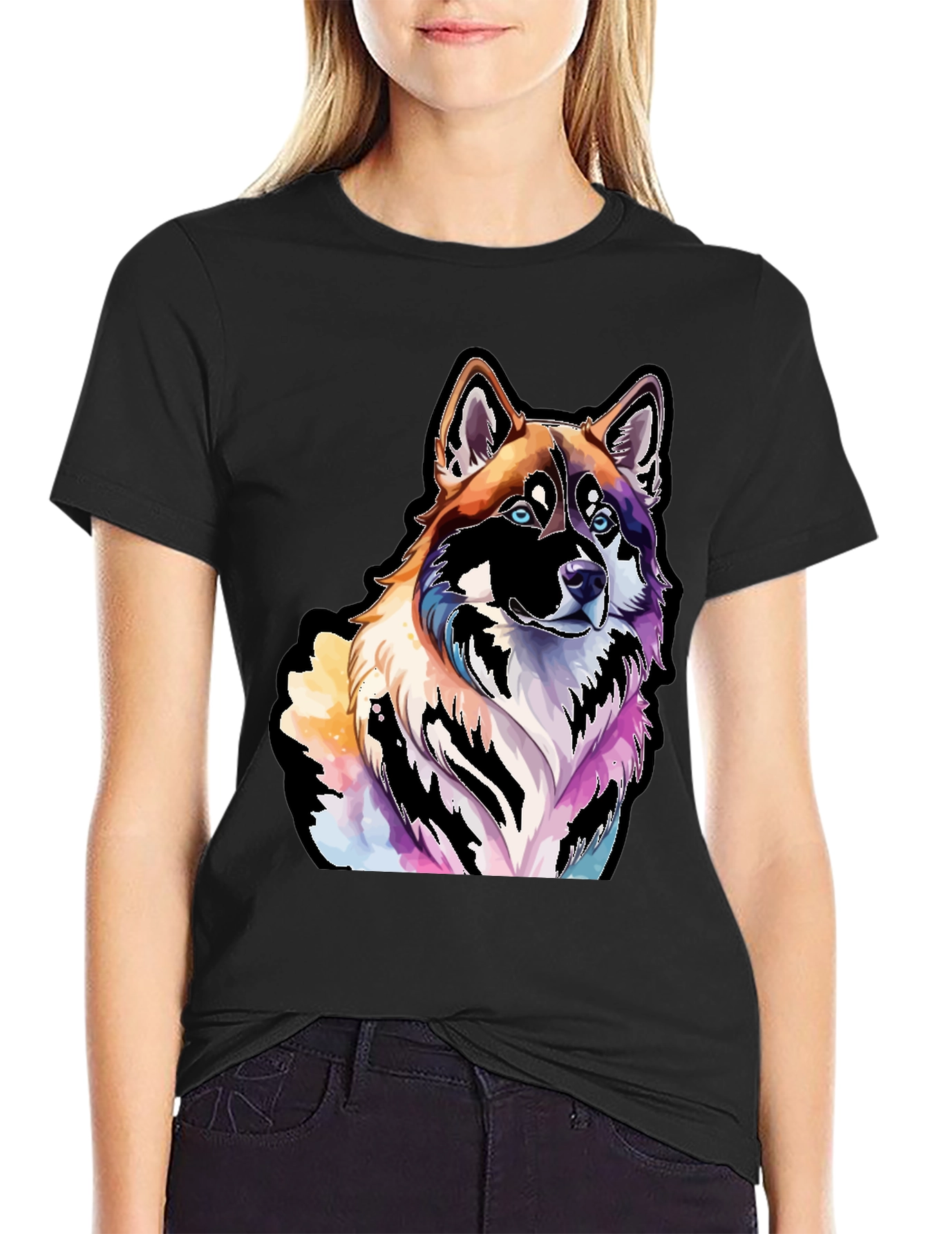 Colorful Dog Graphic Black T-Shirt