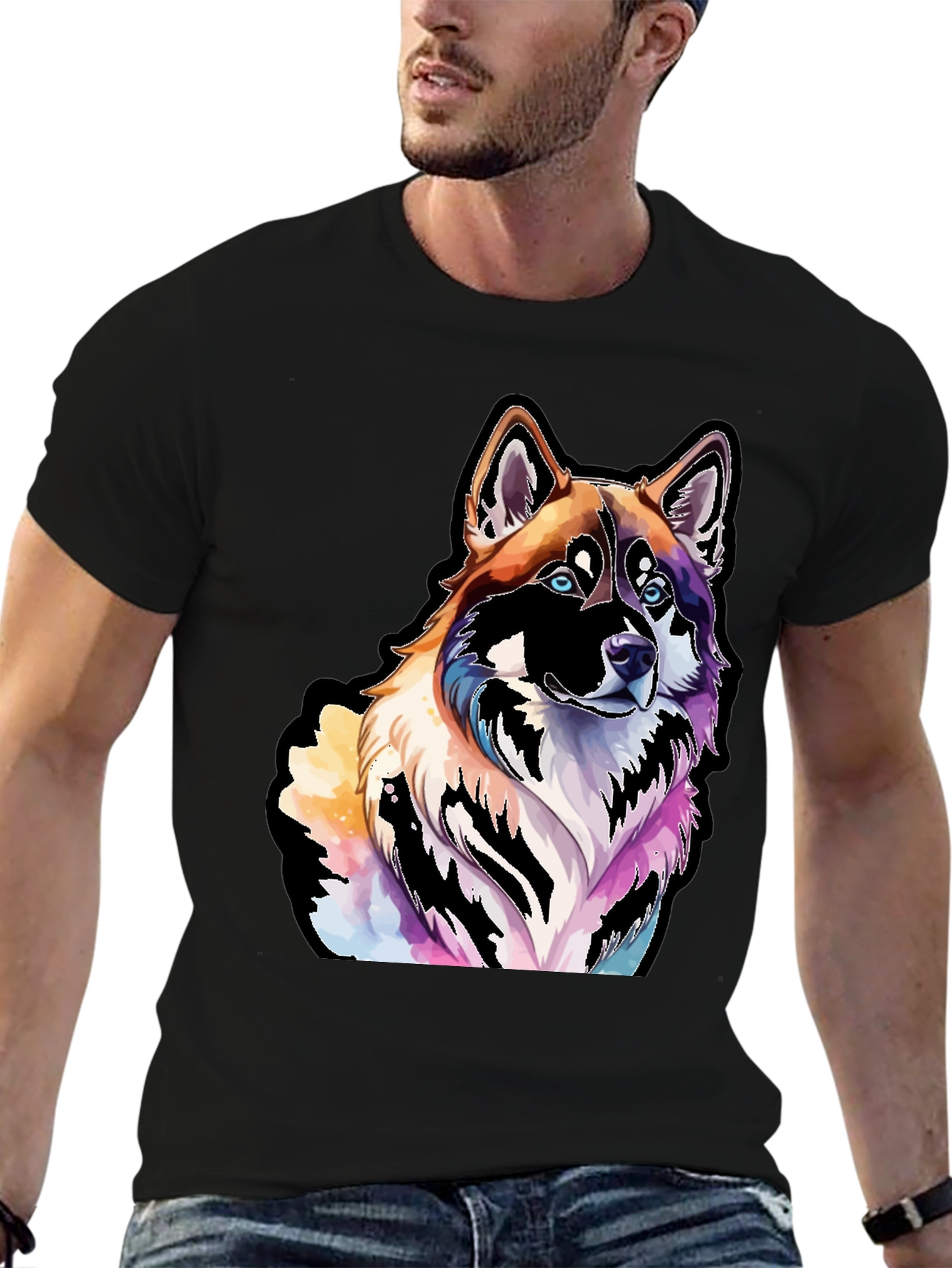 Colorful Dog Graphic Black T-Shirt