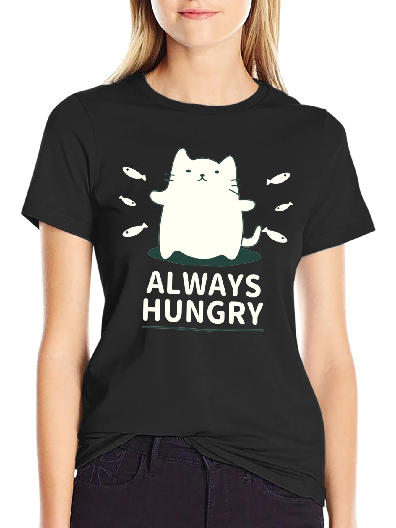 Always Hungry Cat T-Shirt - Black Cute Design