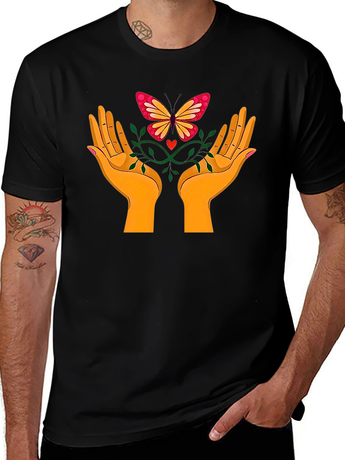 Butterfly Hands Graphic Tee - Black Cotton T-Shirt