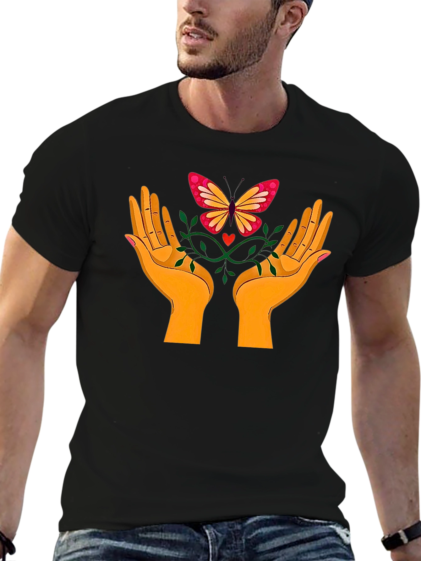 Butterfly Hands Graphic Tee - Black Cotton T-Shirt