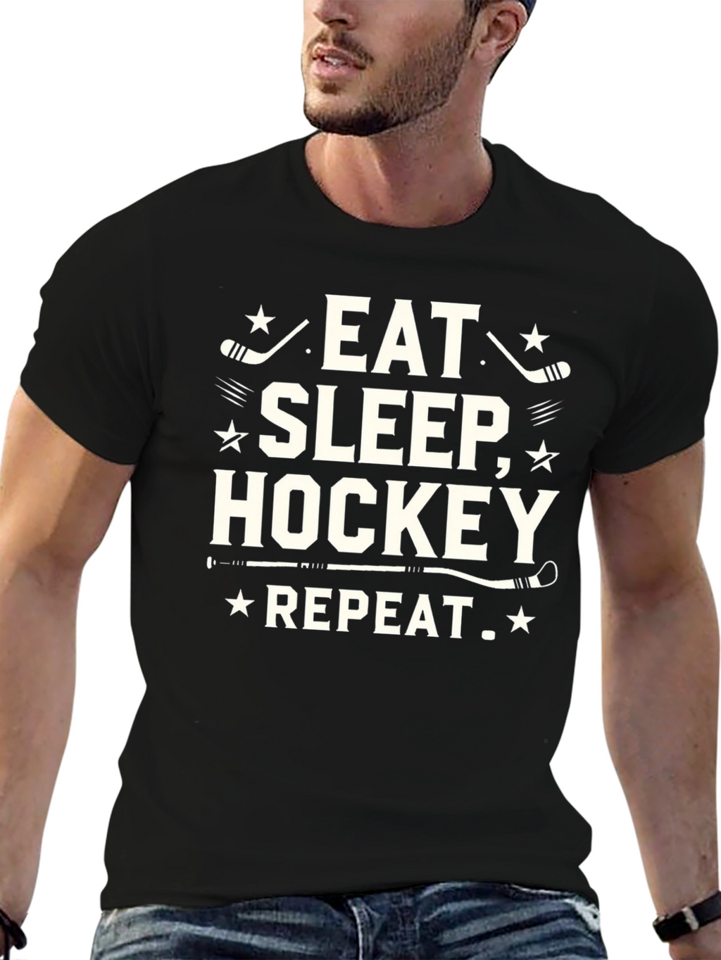 Eat Sleep Hockey Repeat Black Graphic Tee