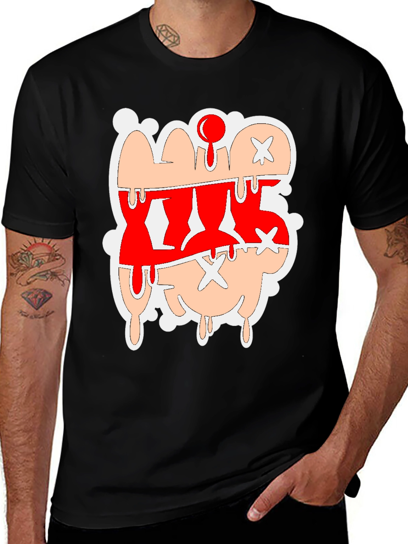 Dripping Cartoon Graphic Tee - Red and Tan