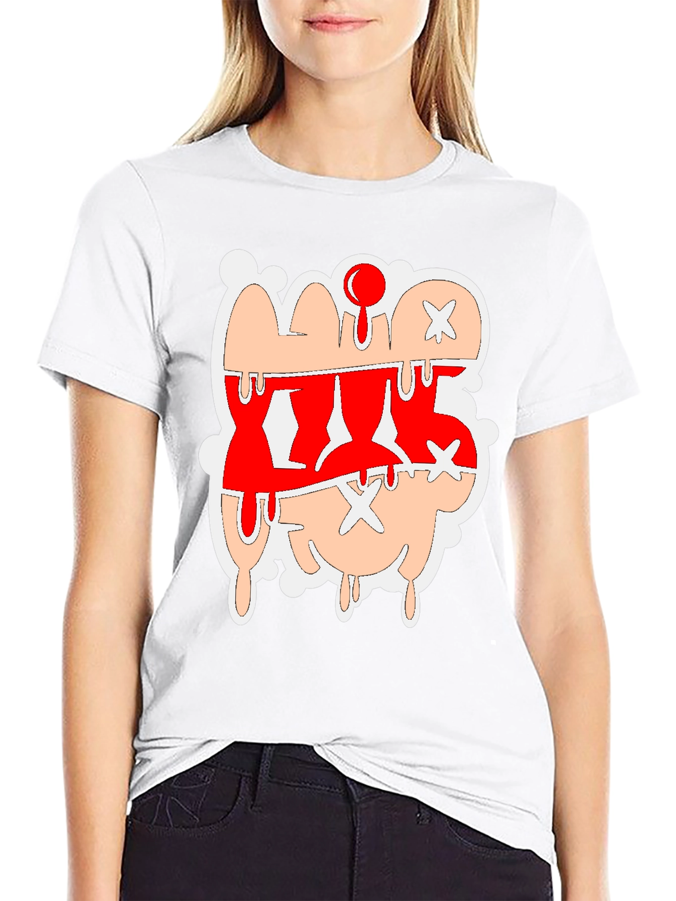 Dripping Cartoon Graphic Tee - Red and Tan