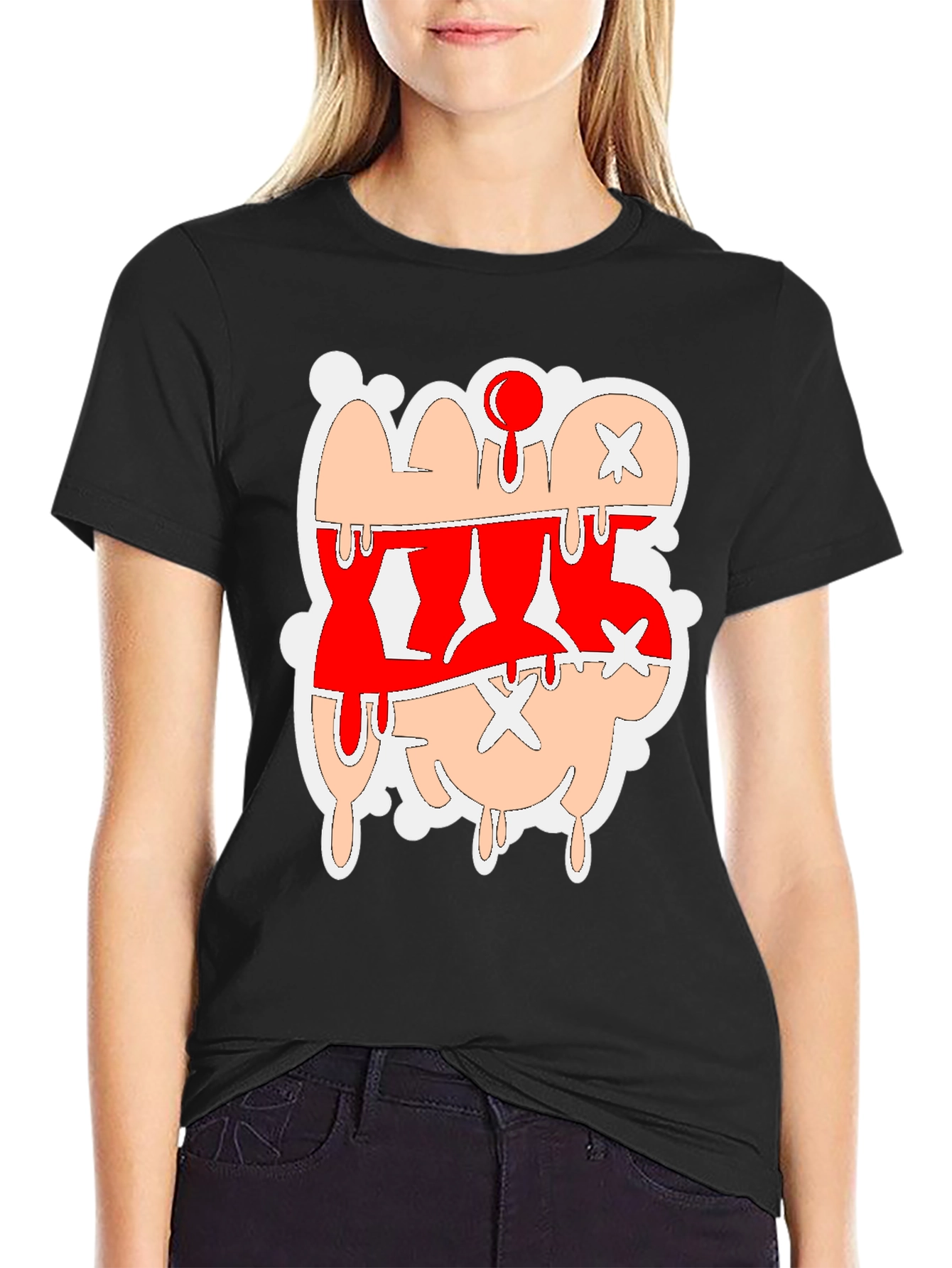 Dripping Cartoon Graphic Tee - Red and Tan