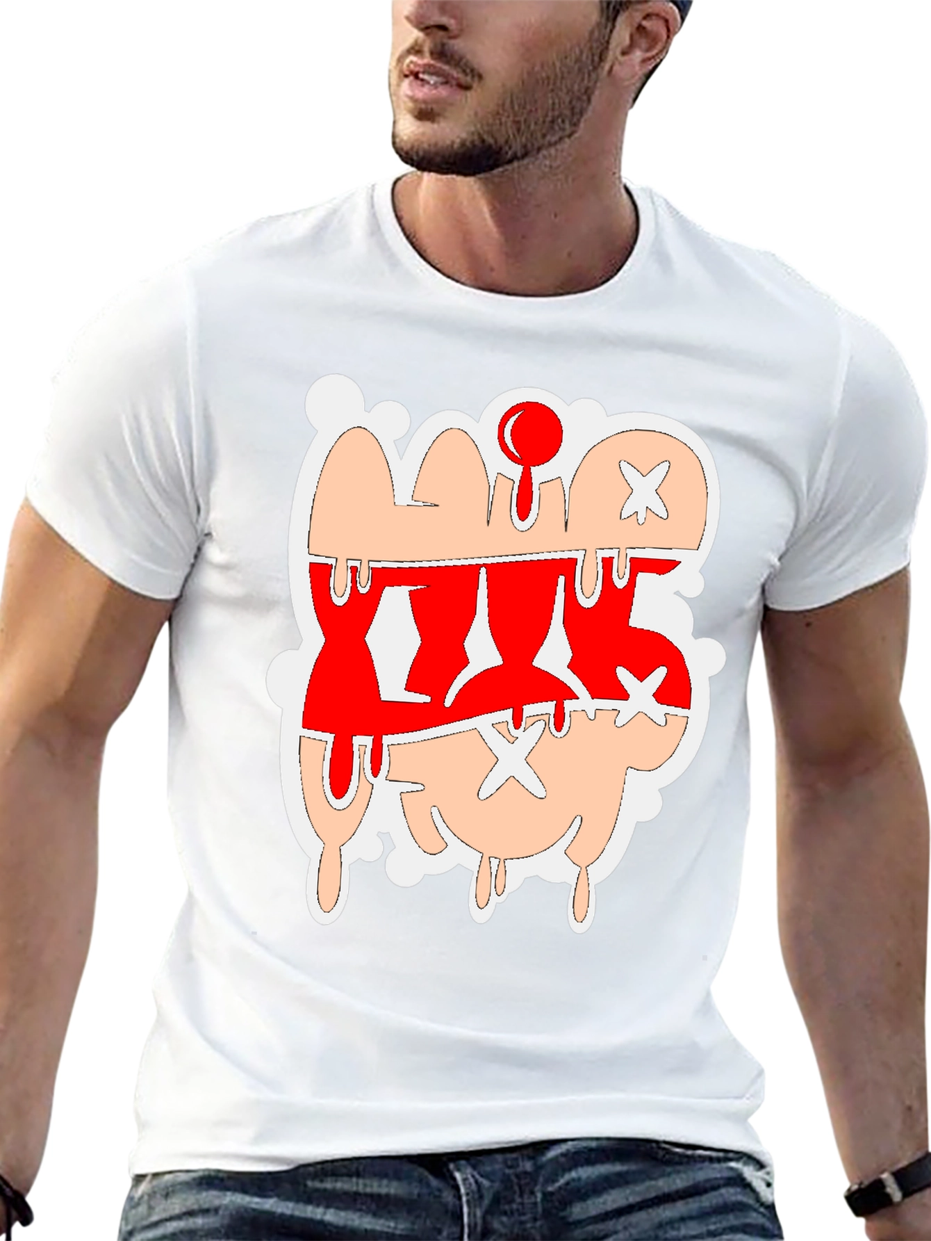 Dripping Cartoon Graphic Tee - Red and Tan