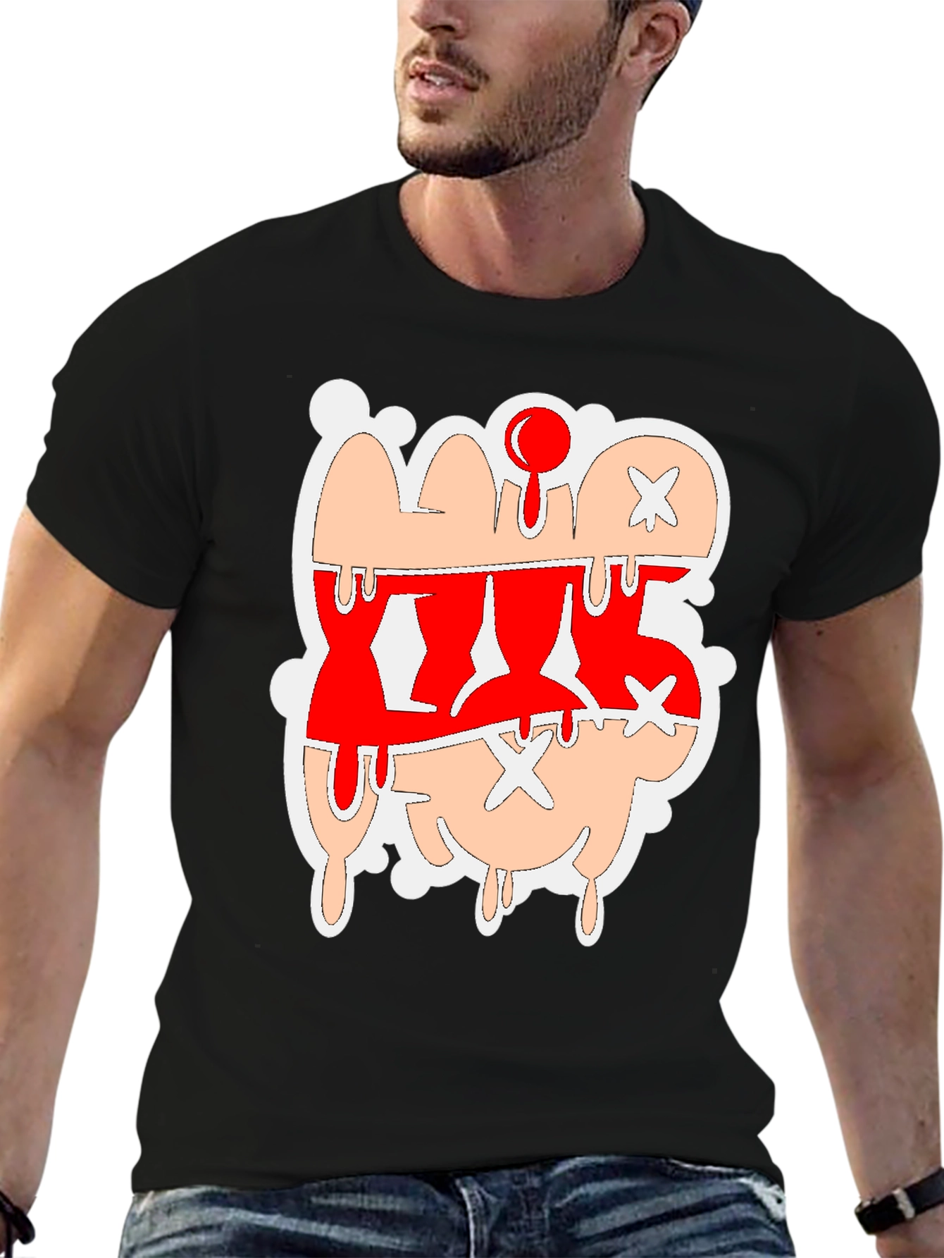 Dripping Cartoon Graphic Tee - Red and Tan
