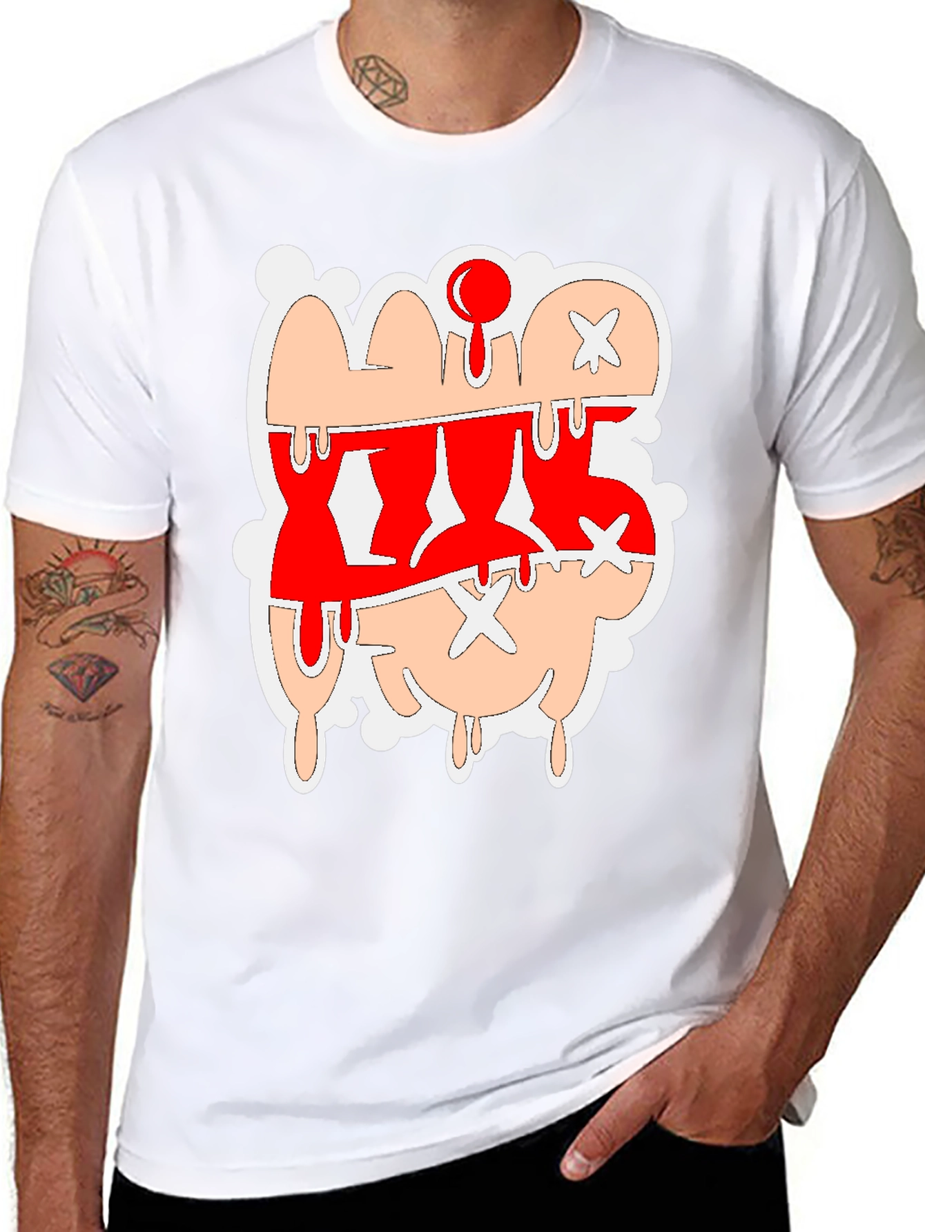 Dripping Cartoon Graphic Tee - Red and Tan