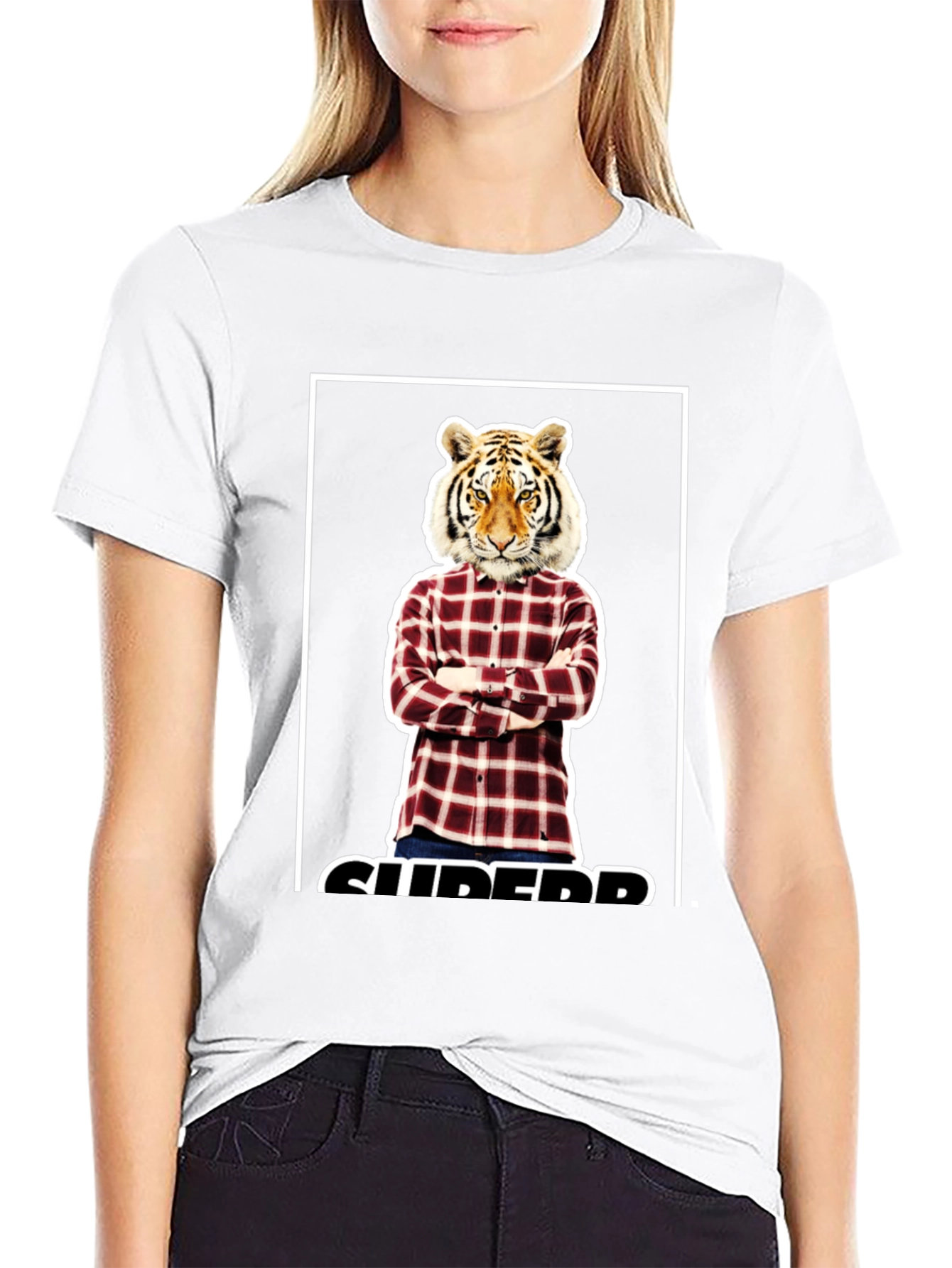 Tiger Head Plaid Shirt Graphic Tee