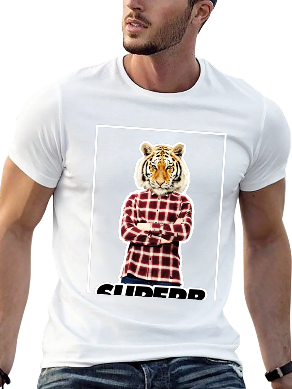 Tiger Head Plaid Shirt Graphic Tee