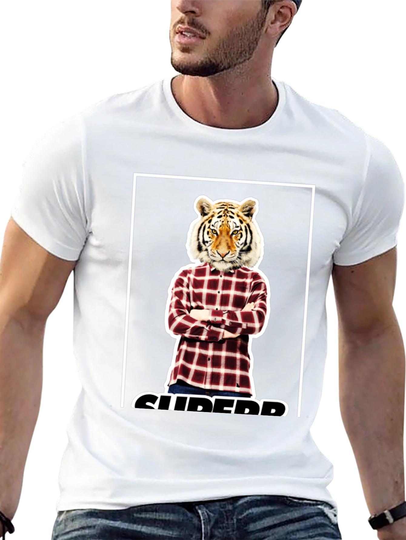 Tiger Head Plaid Shirt Graphic Tee