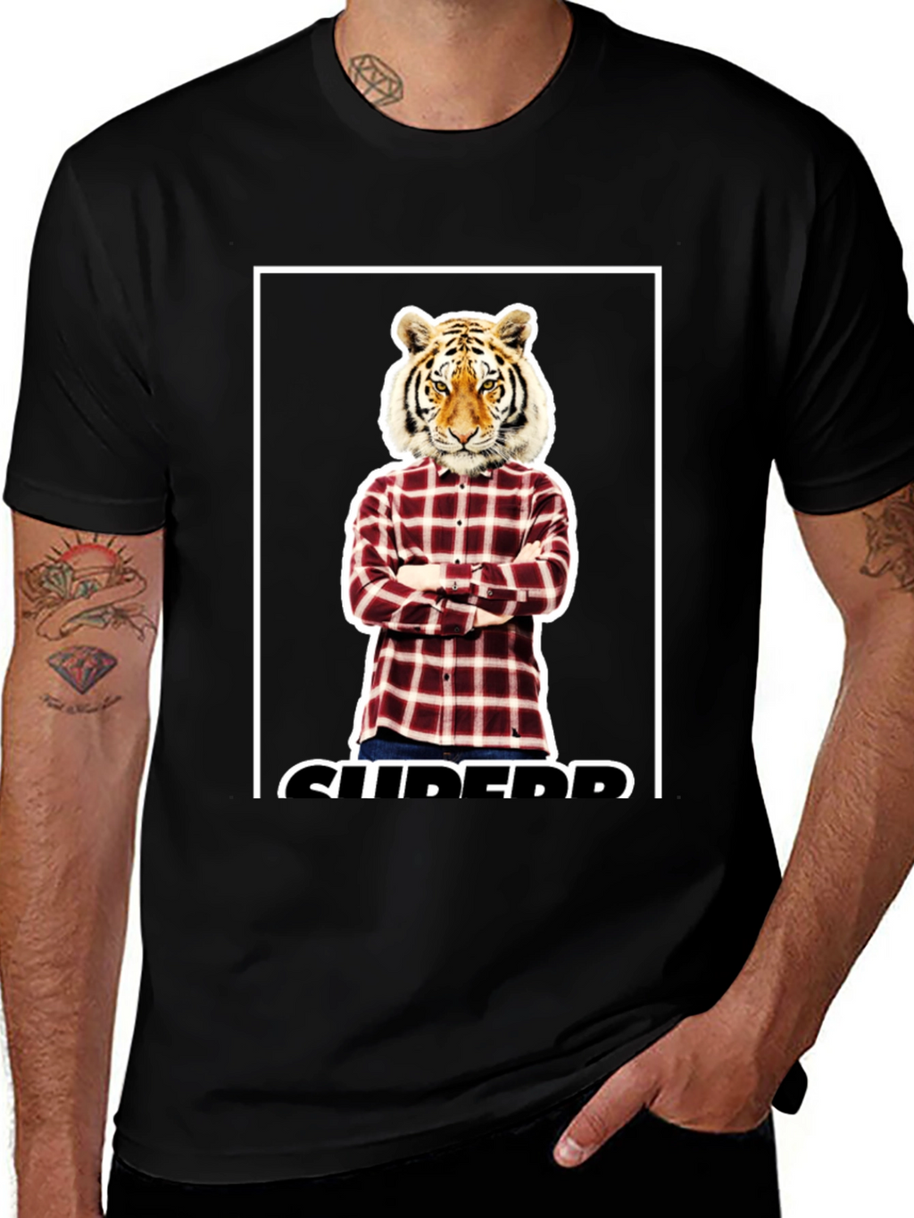 Tiger Head Plaid Shirt Graphic Tee