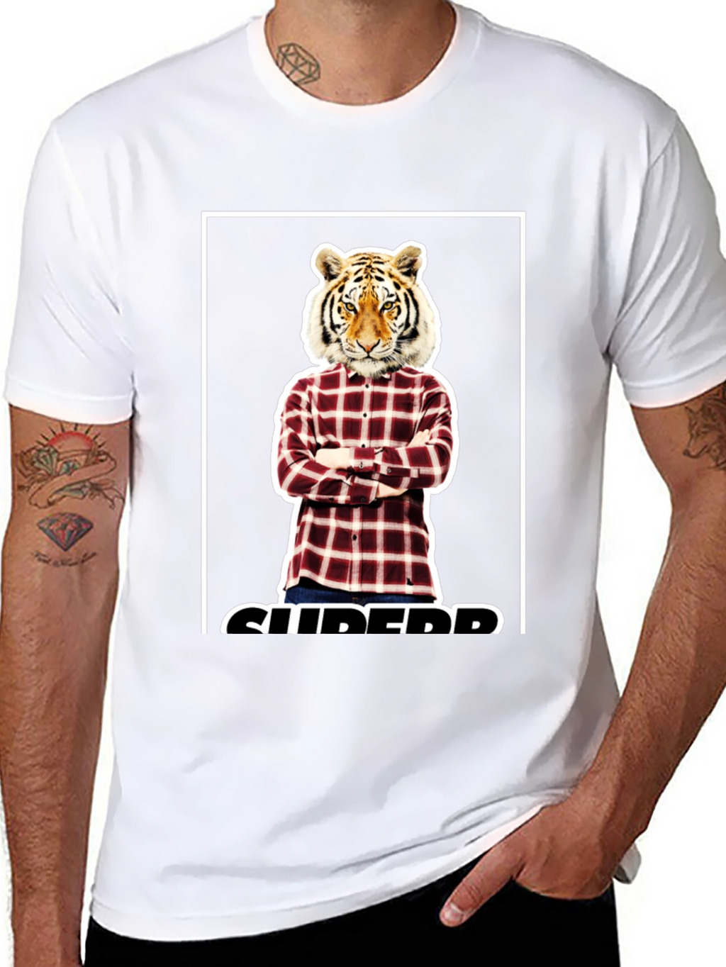 Tiger Head Plaid Shirt Graphic Tee