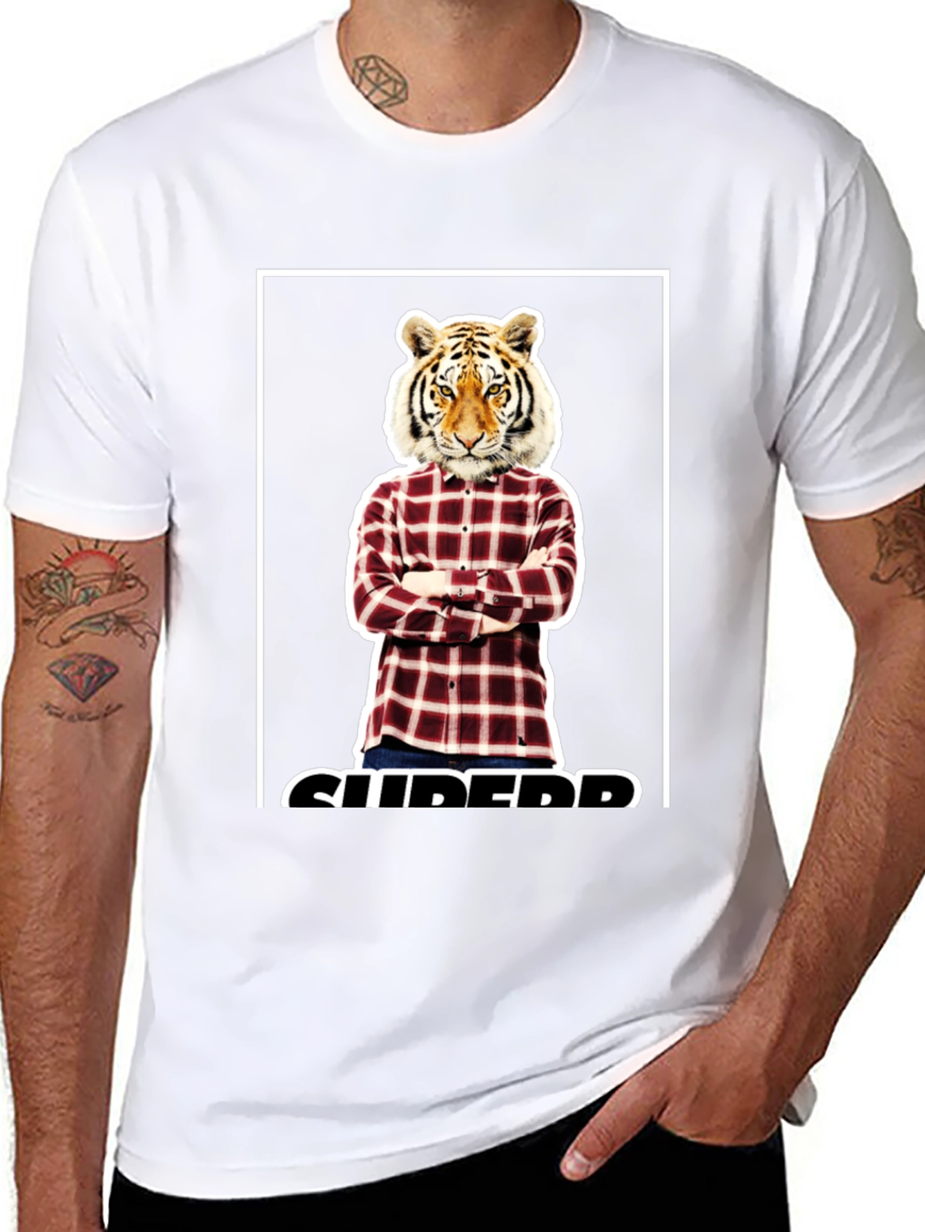 Tiger Head Plaid Shirt Graphic Tee