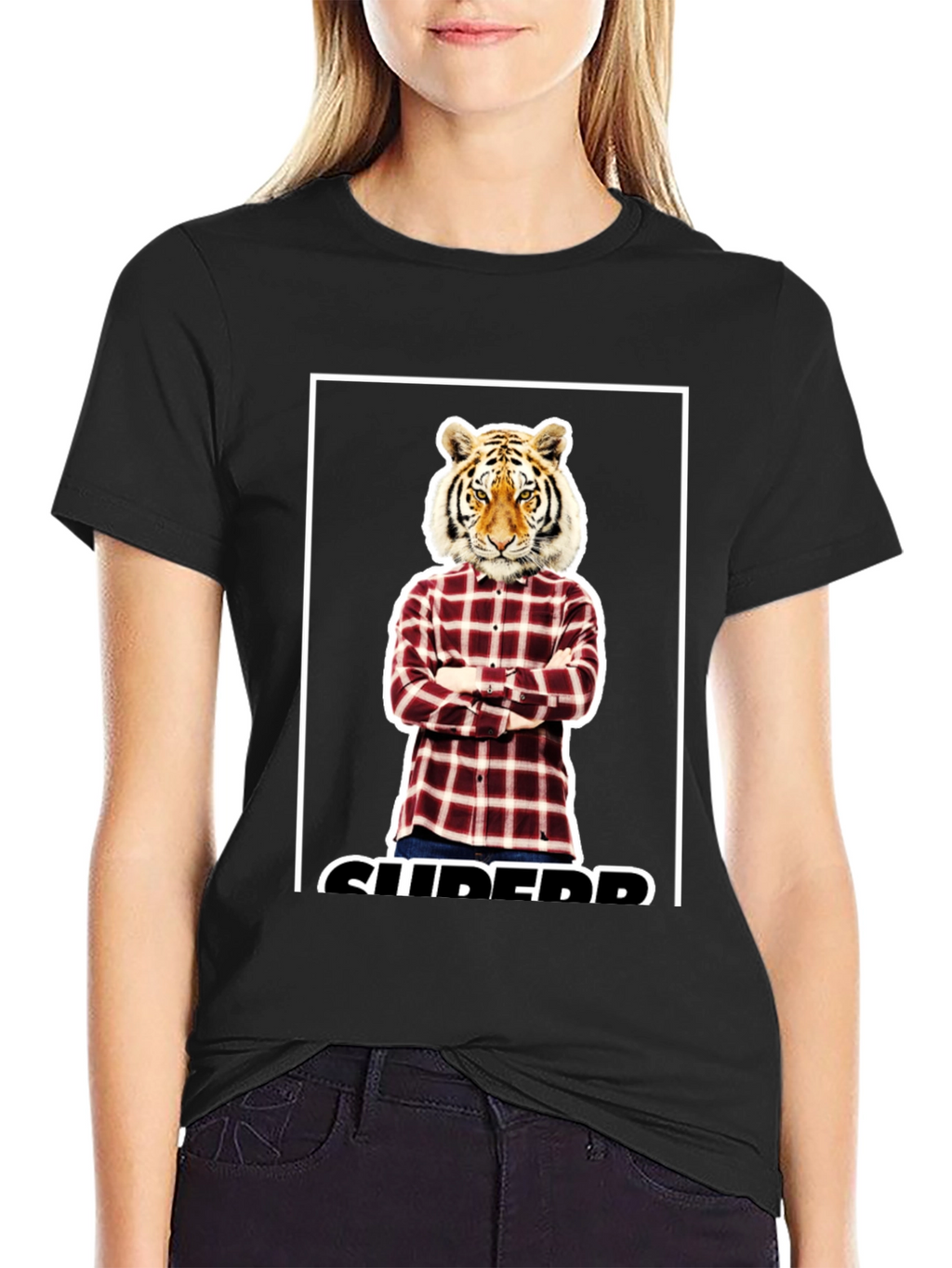 Tiger Head Plaid Shirt Graphic Tee