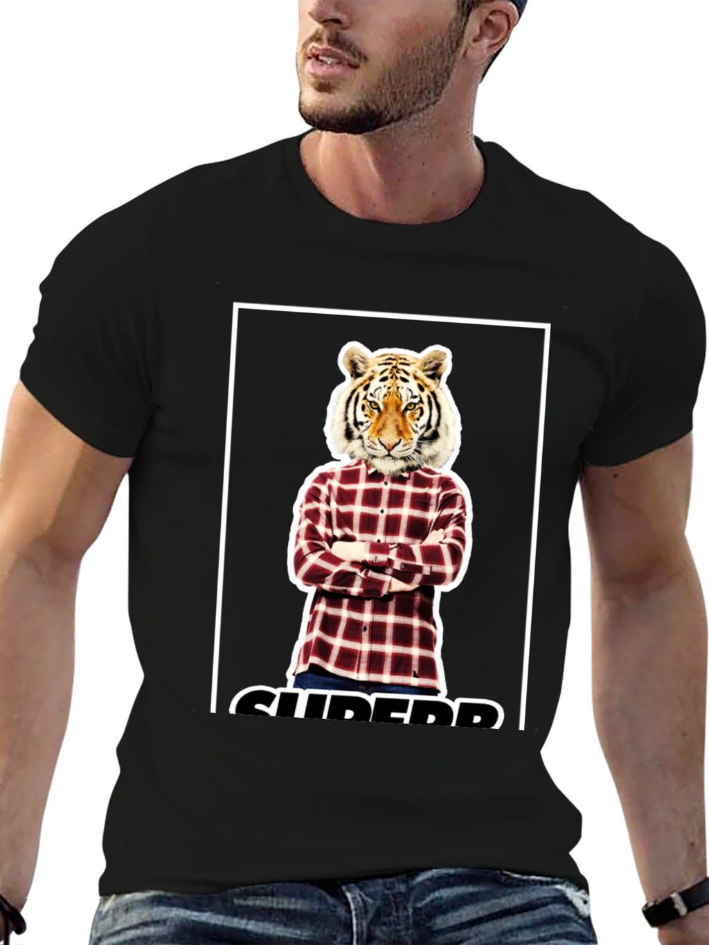 Tiger Head Plaid Shirt Graphic Tee