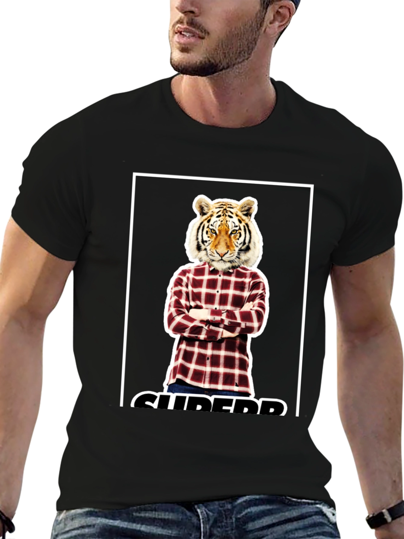 Tiger Head Plaid Shirt Graphic Tee