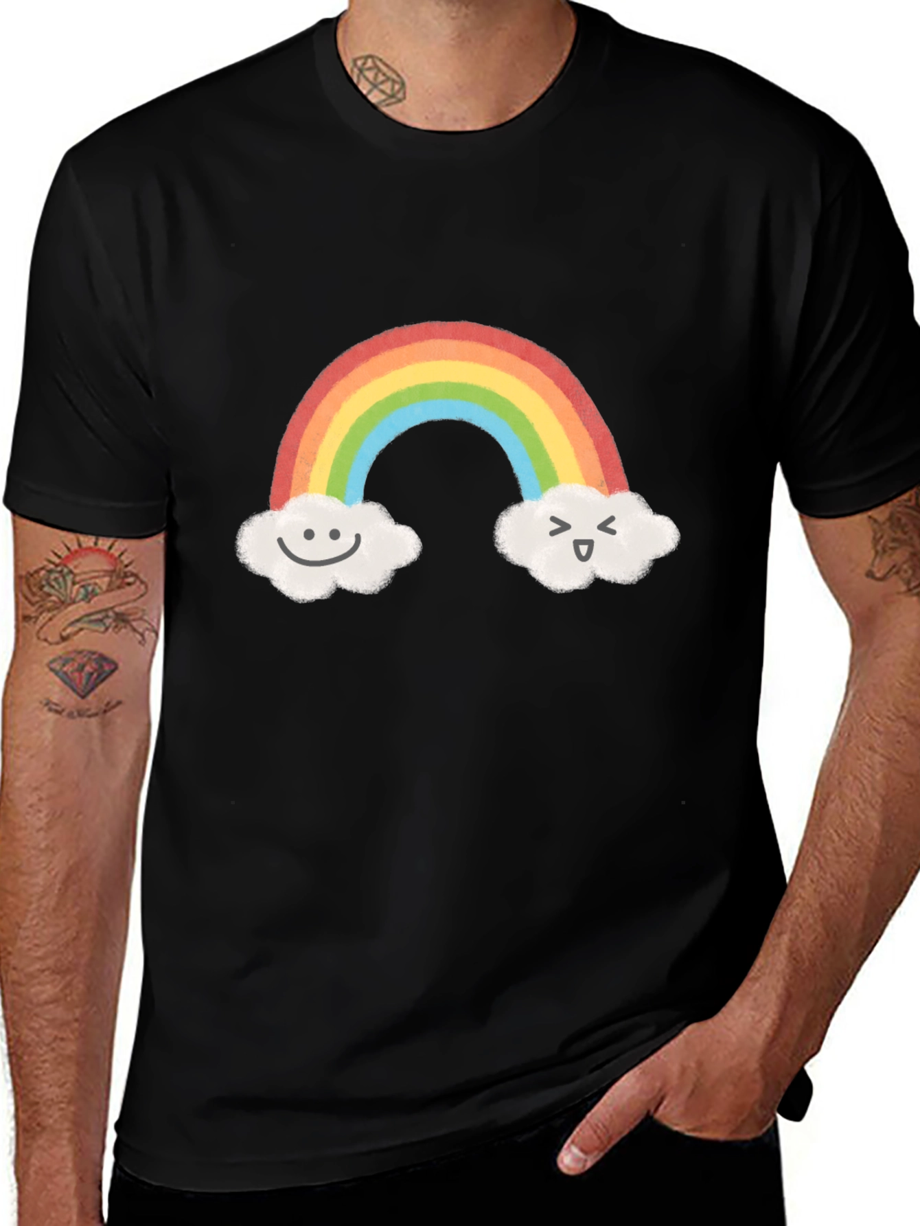 Cute Rainbow & Cloud Graphic Black T-Shirt