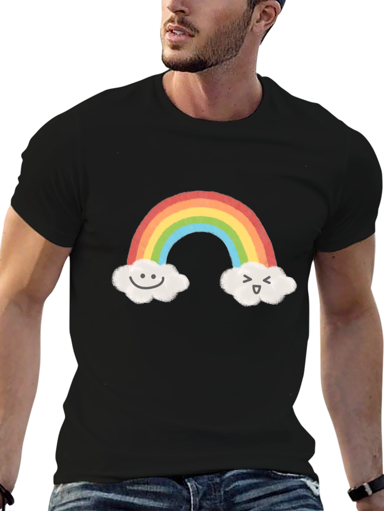 Cute Rainbow & Cloud Graphic Black T-Shirt