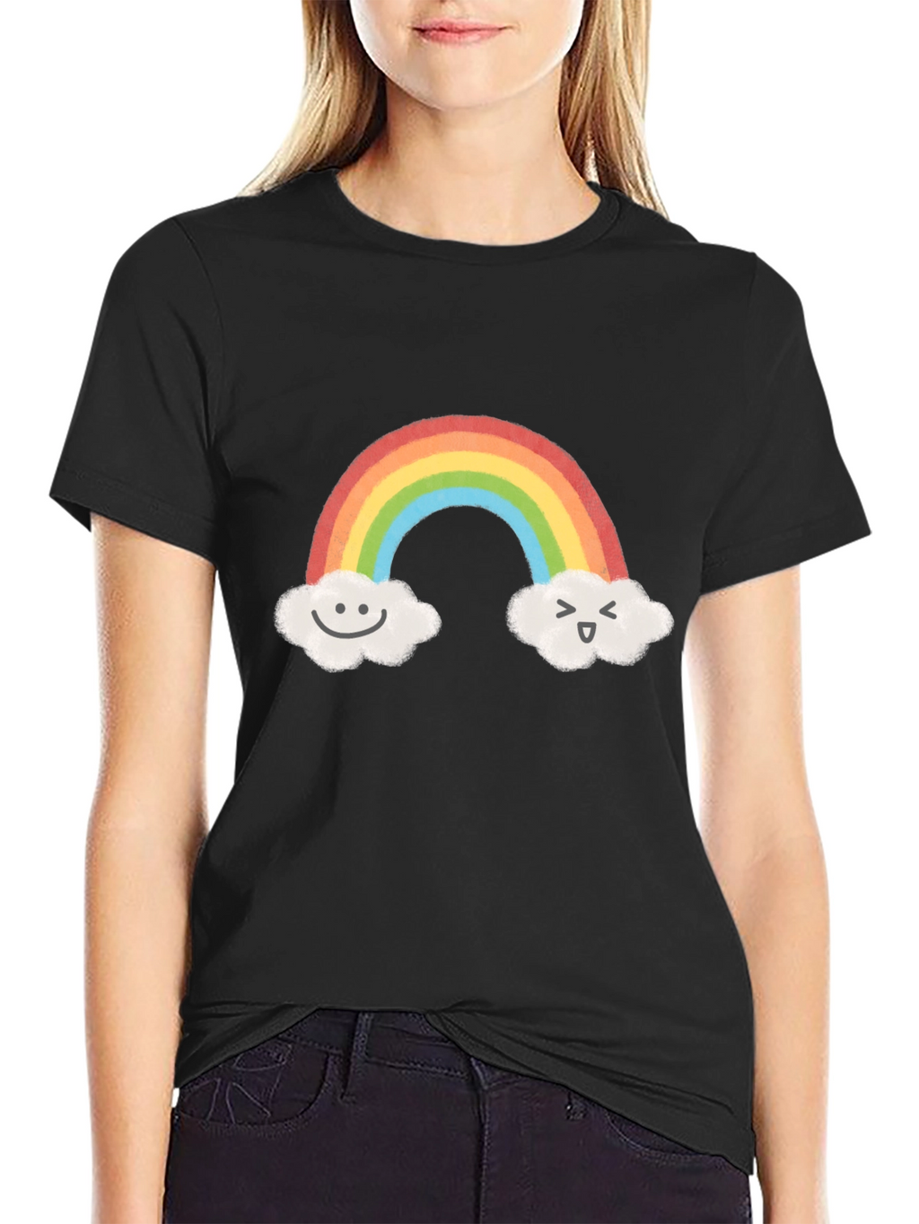 Cute Rainbow & Cloud Graphic Black T-Shirt