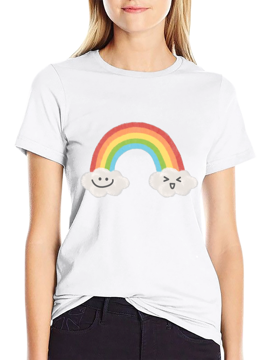 Cute Rainbow & Cloud Graphic Black T-Shirt
