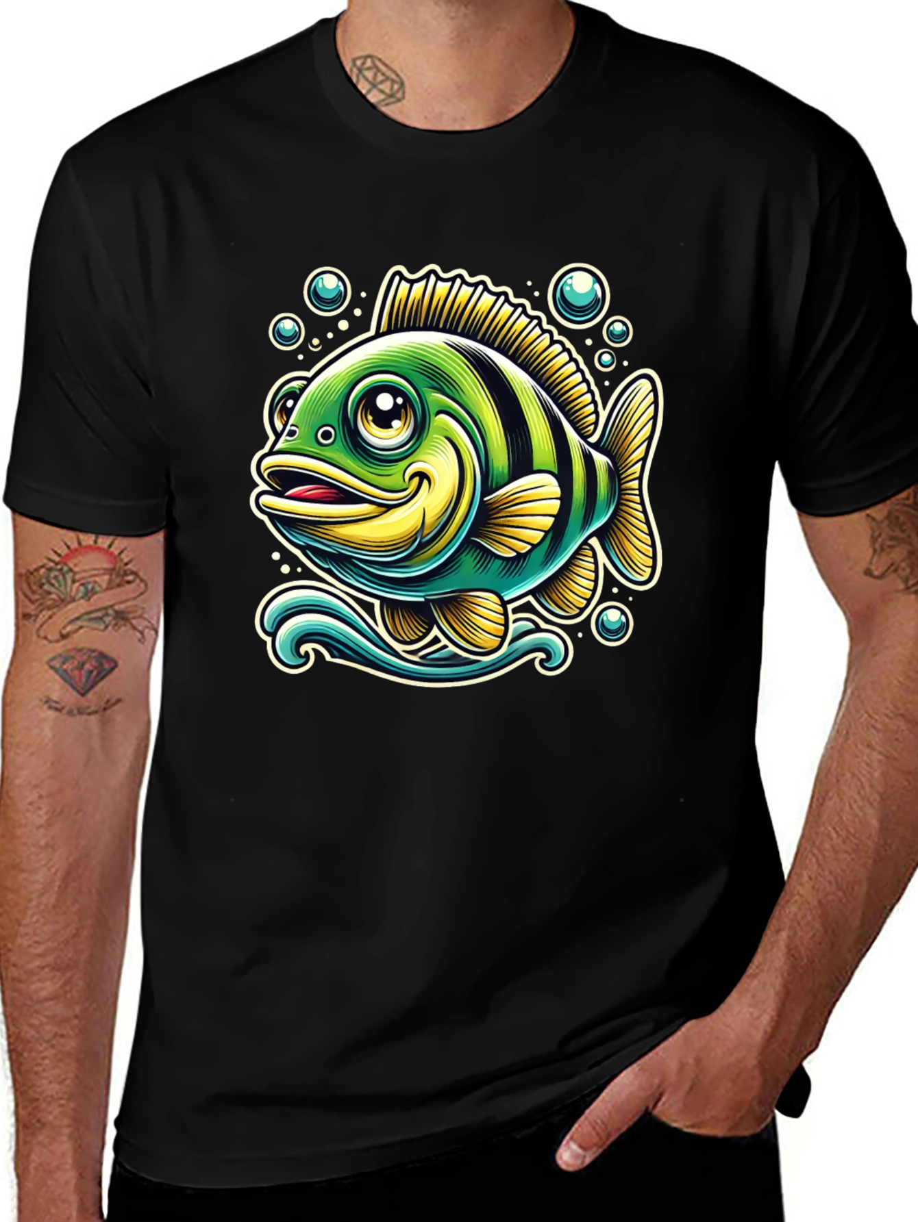 Cartoon Fish Graphic T-Shirt - Black Cotton Tee