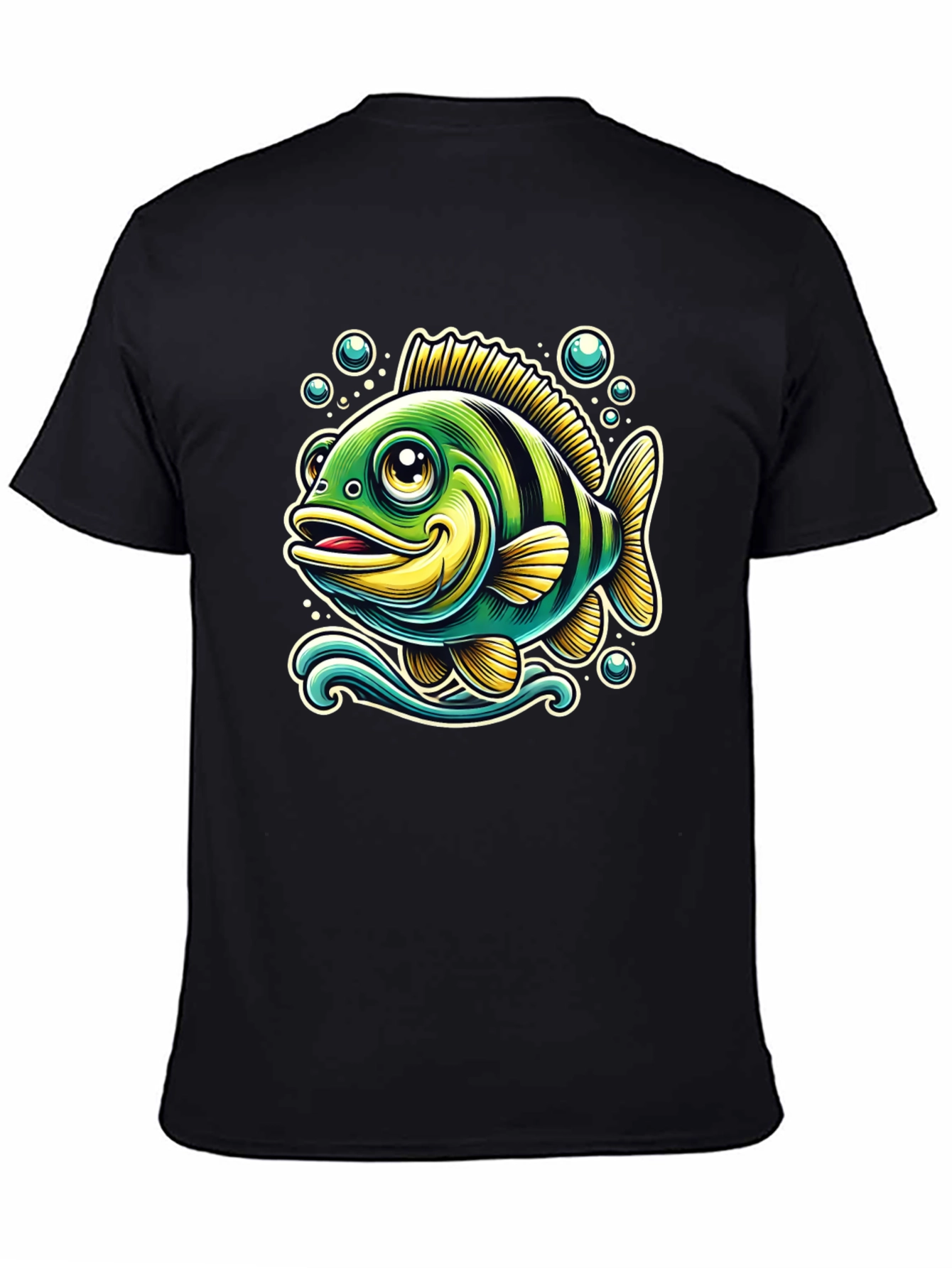 Cartoon Fish Graphic T-Shirt - Black Cotton Tee