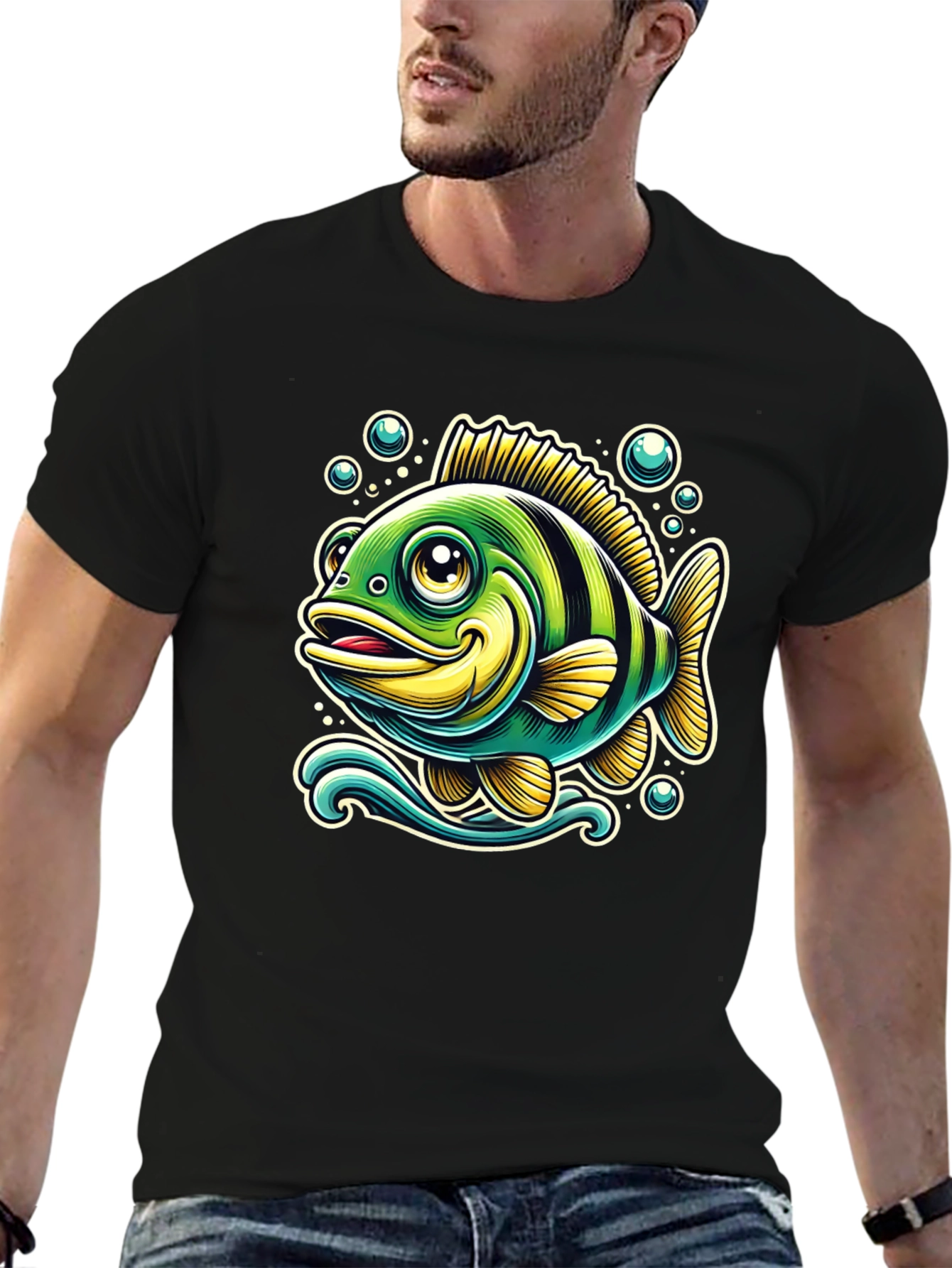 Cartoon Fish Graphic T-Shirt - Black Cotton Tee