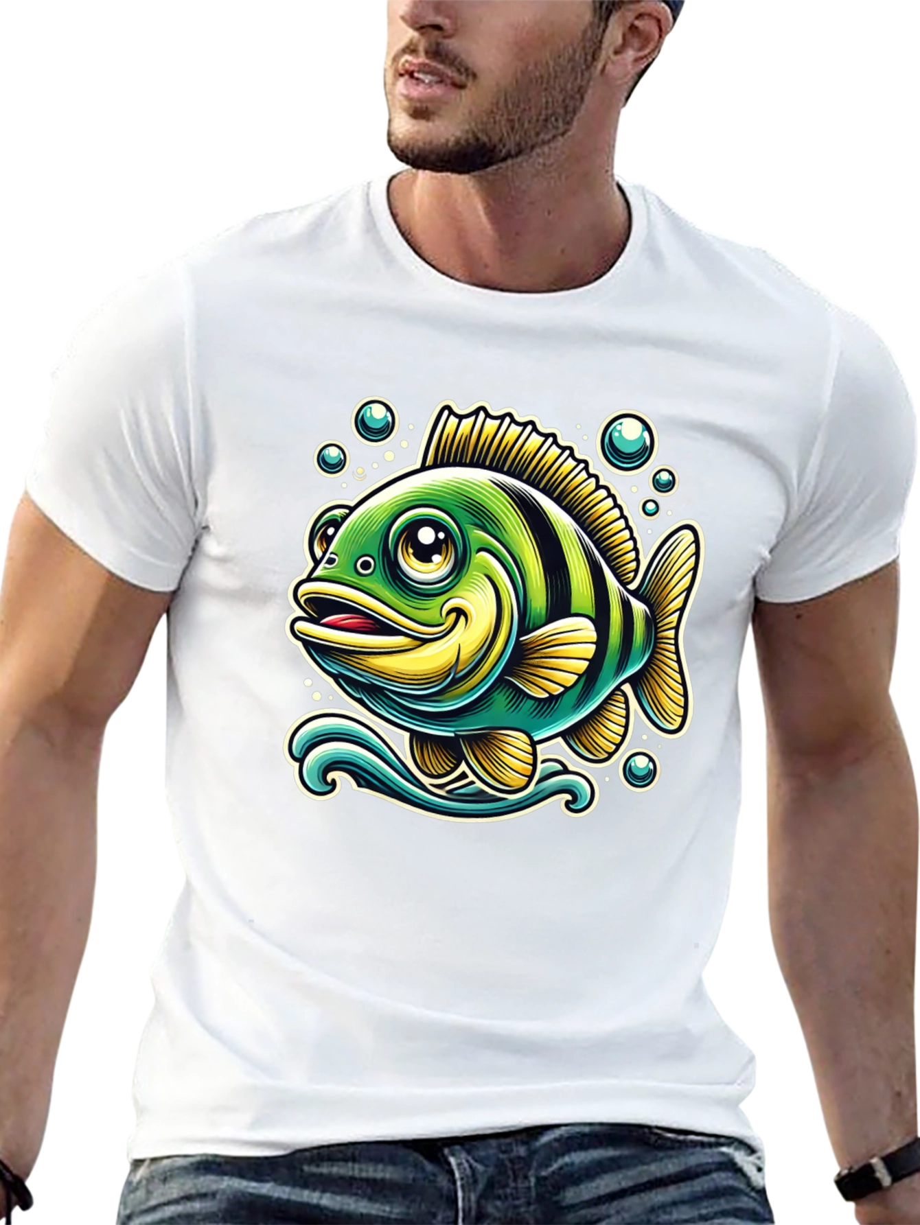 Cartoon Fish Graphic T-Shirt - Black Cotton Tee