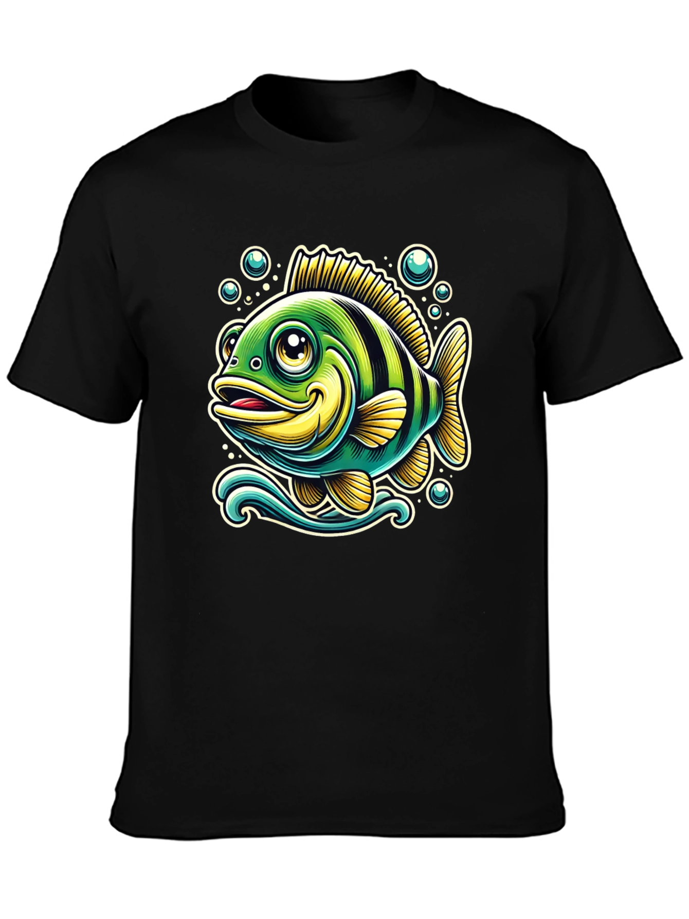 Cartoon Fish Graphic T-Shirt - Black Cotton Tee