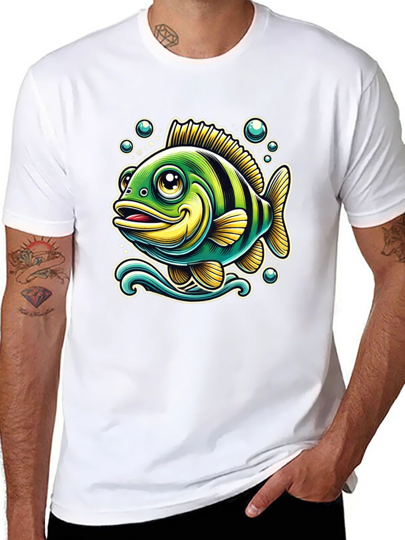 Cartoon Fish Graphic T-Shirt - Black Cotton Tee