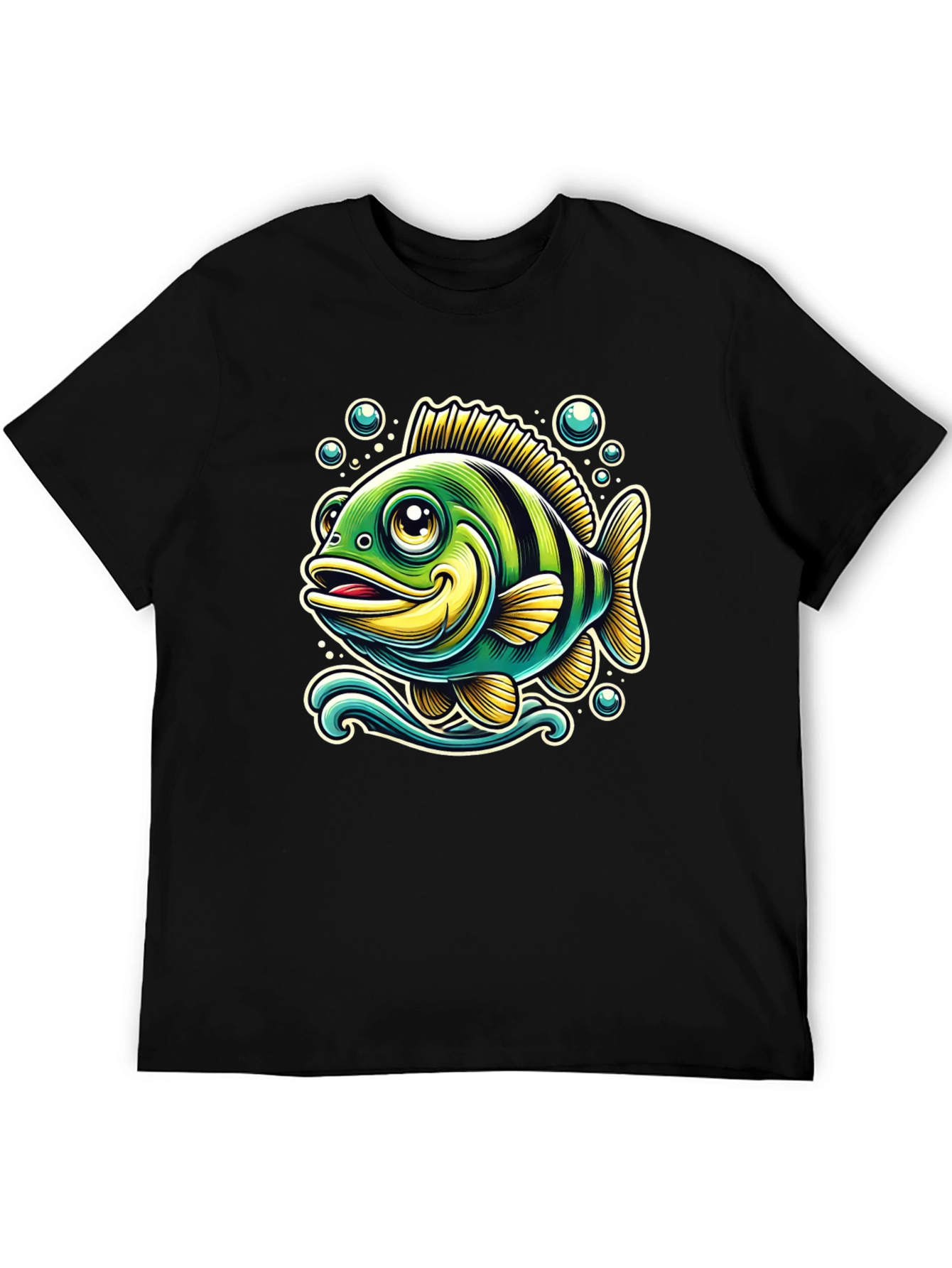 Cartoon Fish Graphic T-Shirt - Black Cotton Tee