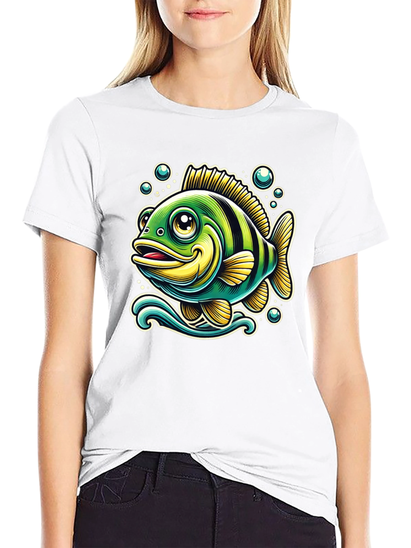 Cartoon Fish Graphic T-Shirt - Black Cotton Tee