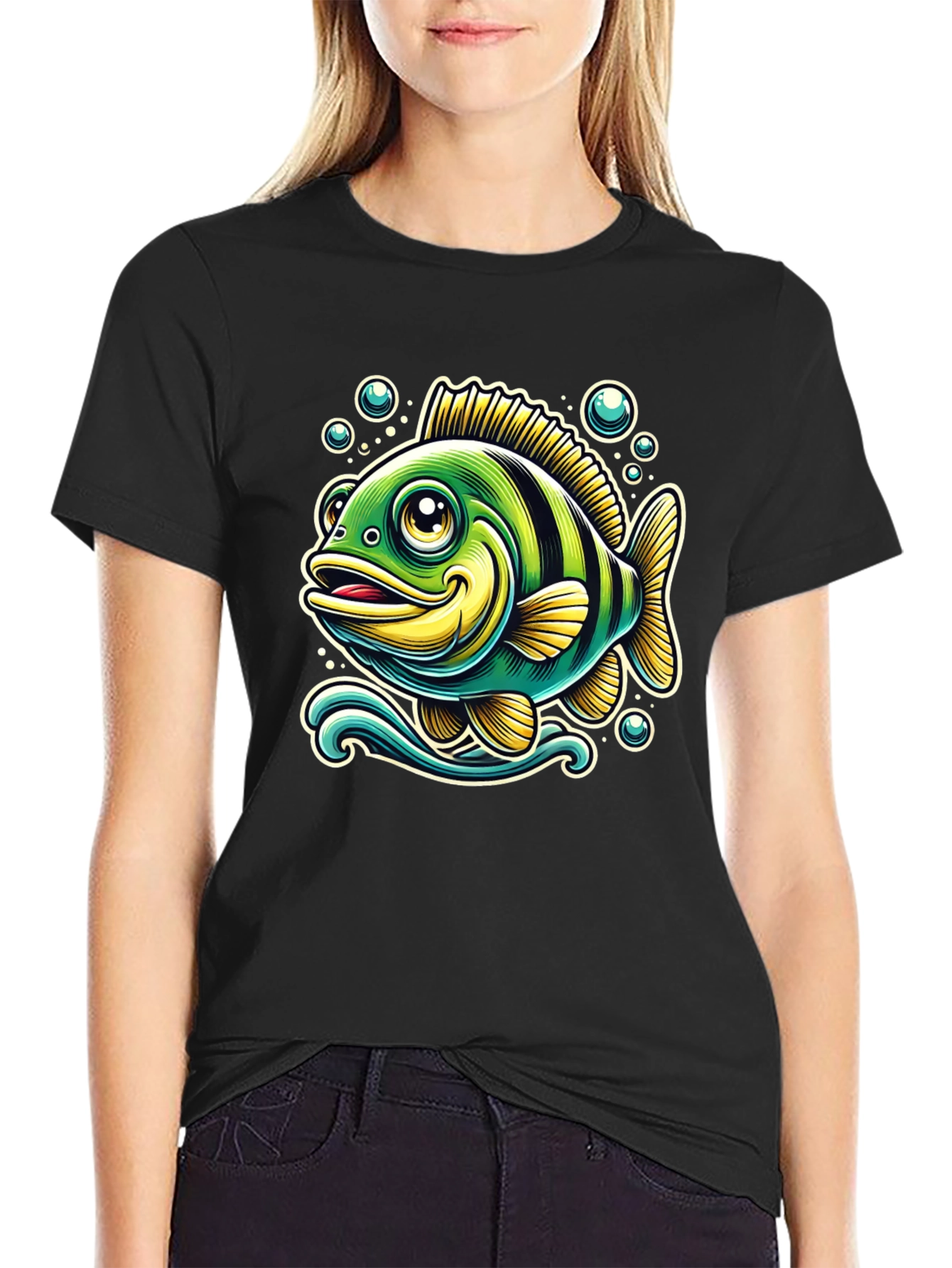Cartoon Fish Graphic T-Shirt - Black Cotton Tee
