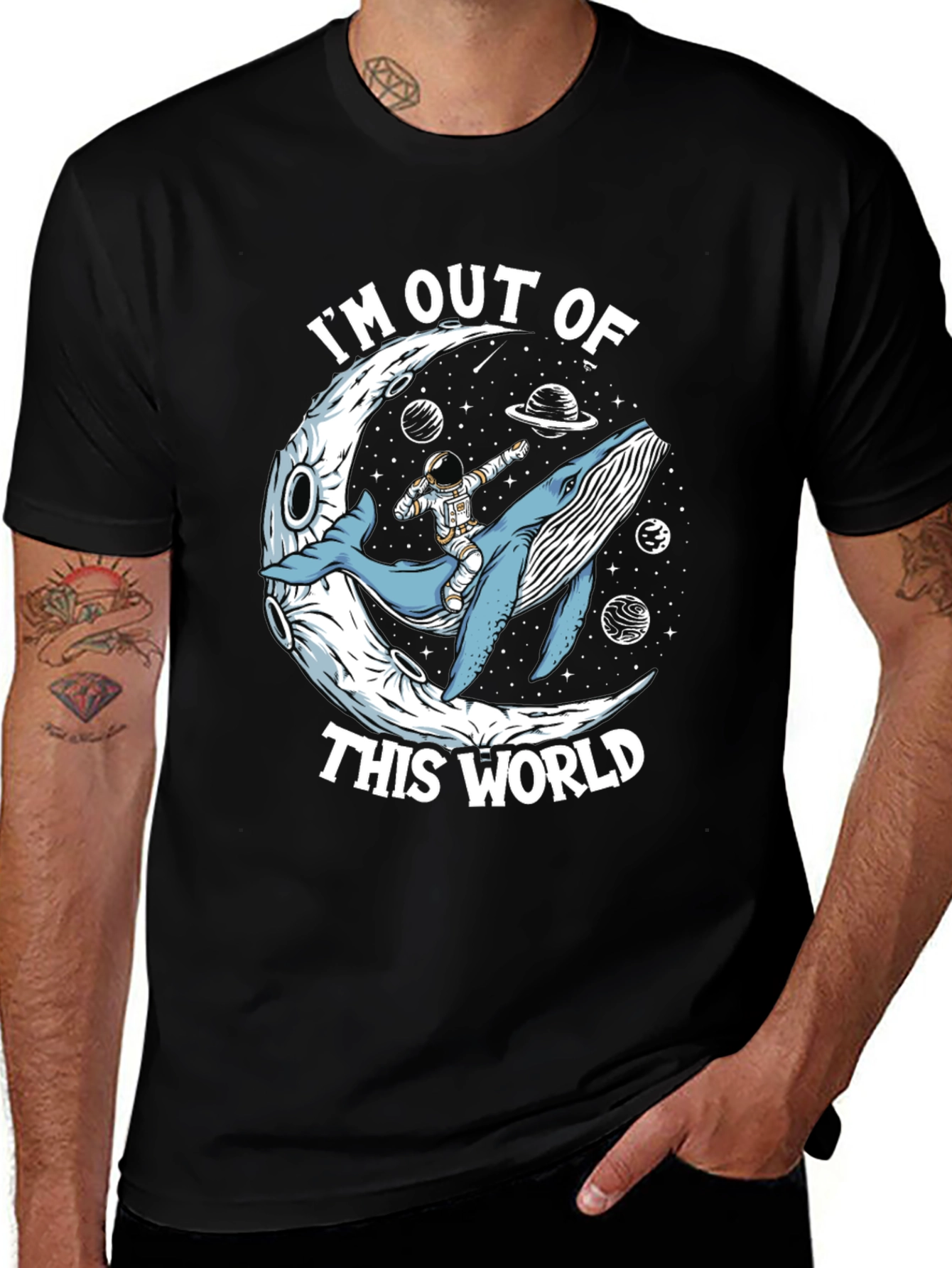Out of This World Graphic Tee - Astronaut Whale Moon Design