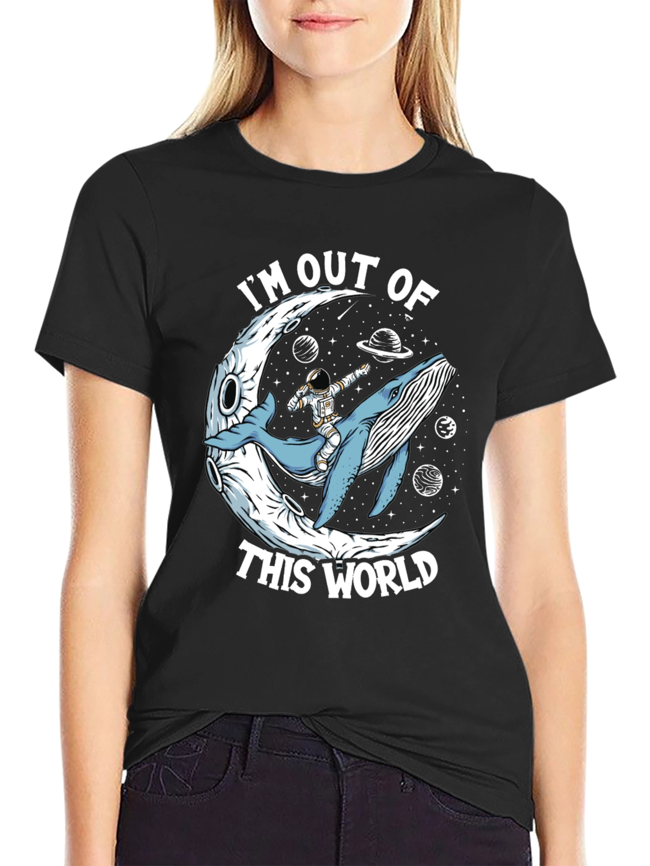 Out of This World Graphic Tee - Astronaut Whale Moon Design