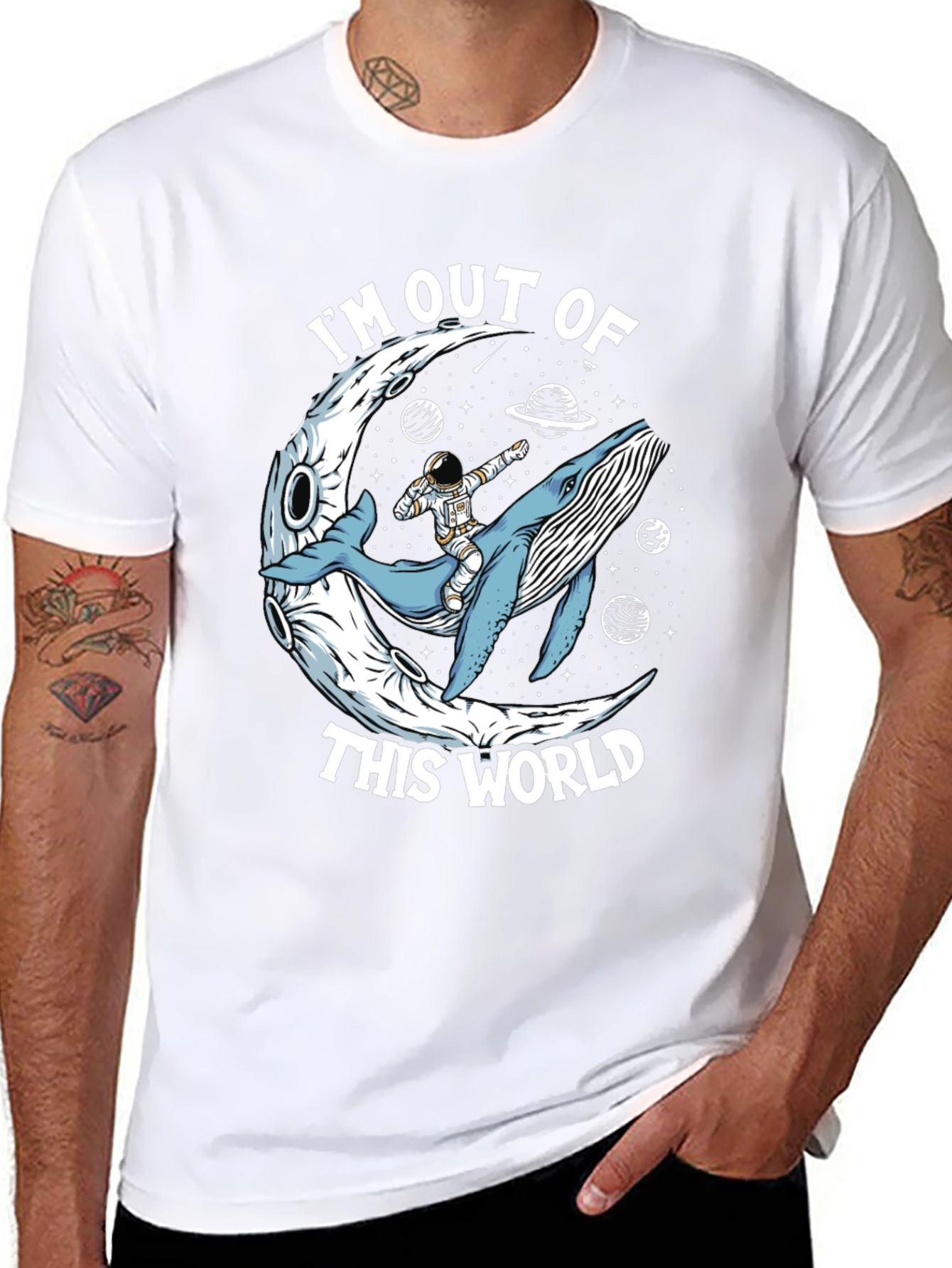 Out of This World Graphic Tee - Astronaut Whale Moon Design