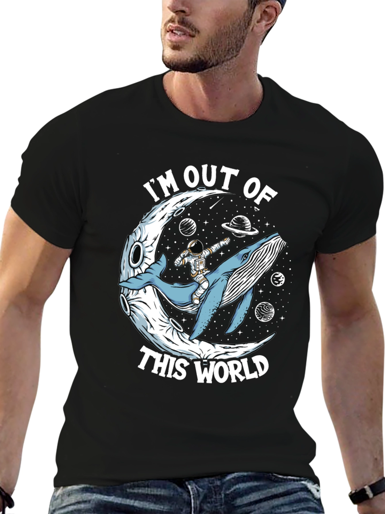 Out of This World Graphic Tee - Astronaut Whale Moon Design