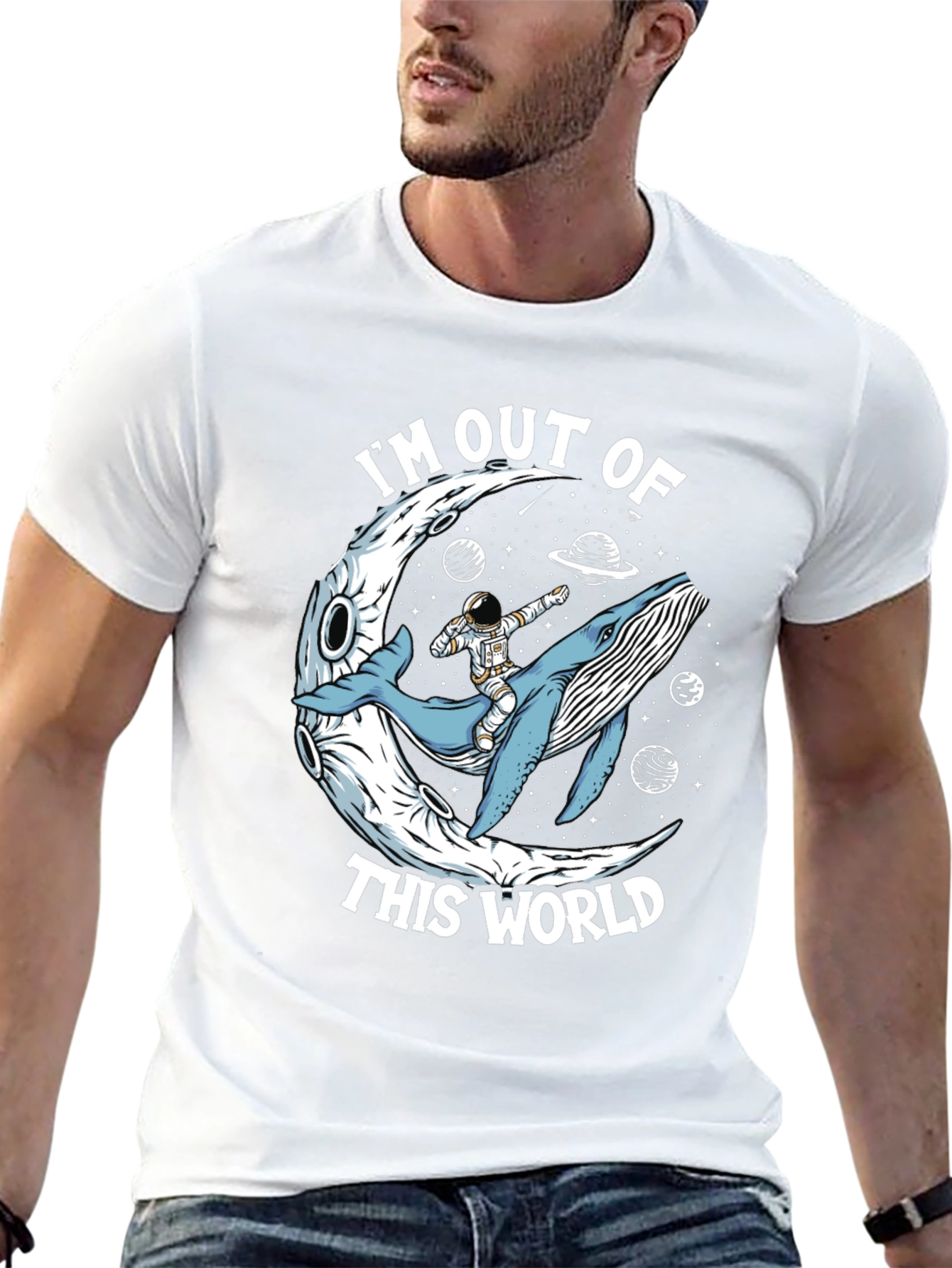 Out of This World Graphic Tee - Astronaut Whale Moon Design